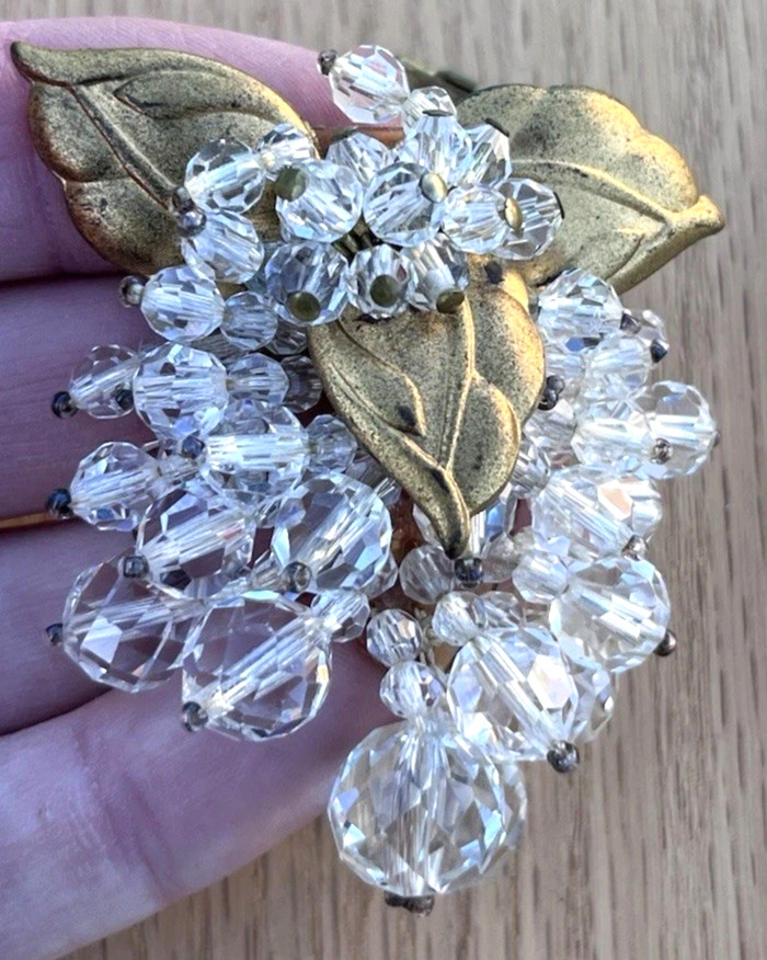 Antique 1930s Fur Dress Clip Brooch Clear Glass Cut Beads Grape Cluster Leaves