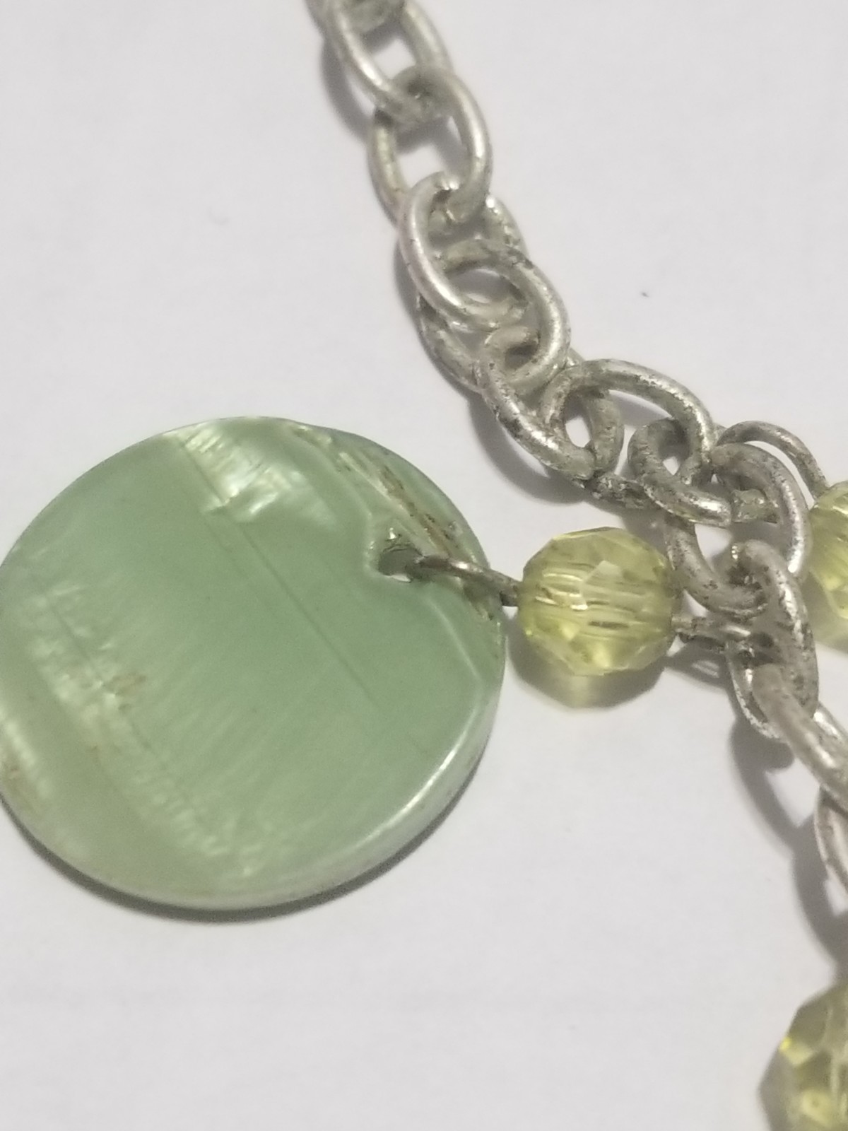 Vintage Necklace & Earrings Set Silvertone With Green Shells And Beads 18 Inches