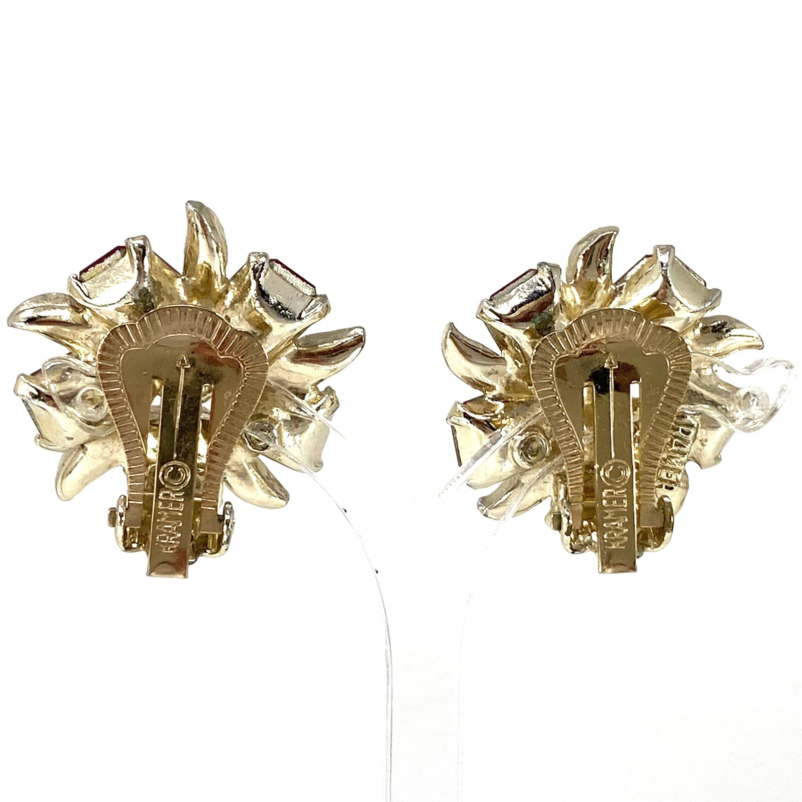 Vtg KRAMER Red Pink Fuchsia AB Crystal Clip Earrings Floral Starburst Shape
