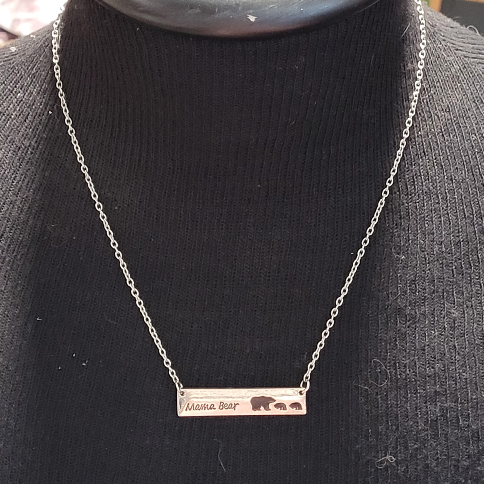 Mama Bear and Cubs Silver Tone Bar Pendant Necklace Magnetic and Lobster Closure