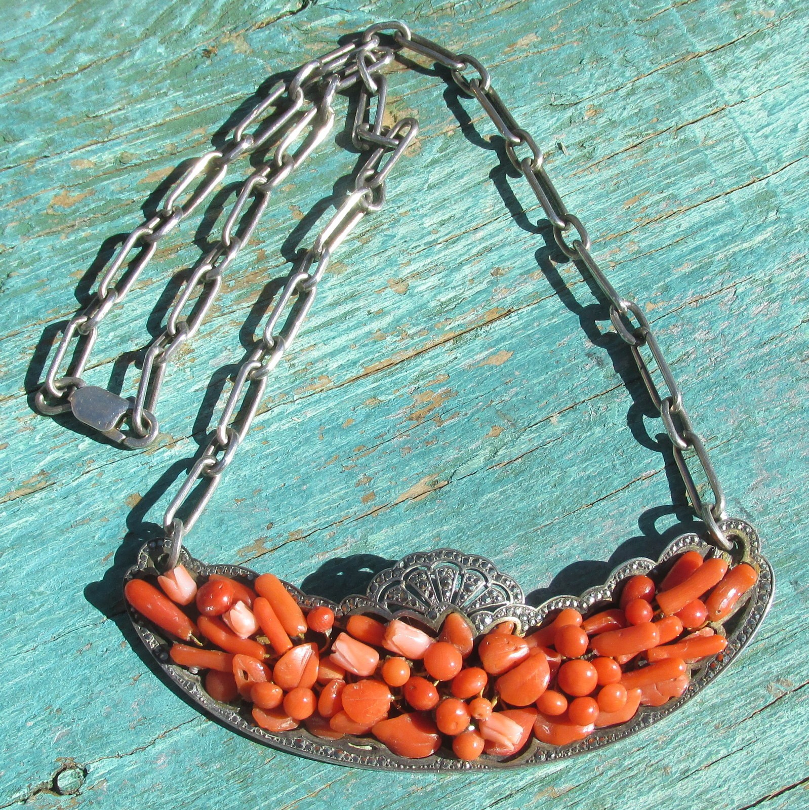 Antique Natural Coral, Marcasite and Sterling Silver Necklace Victorian 1890s