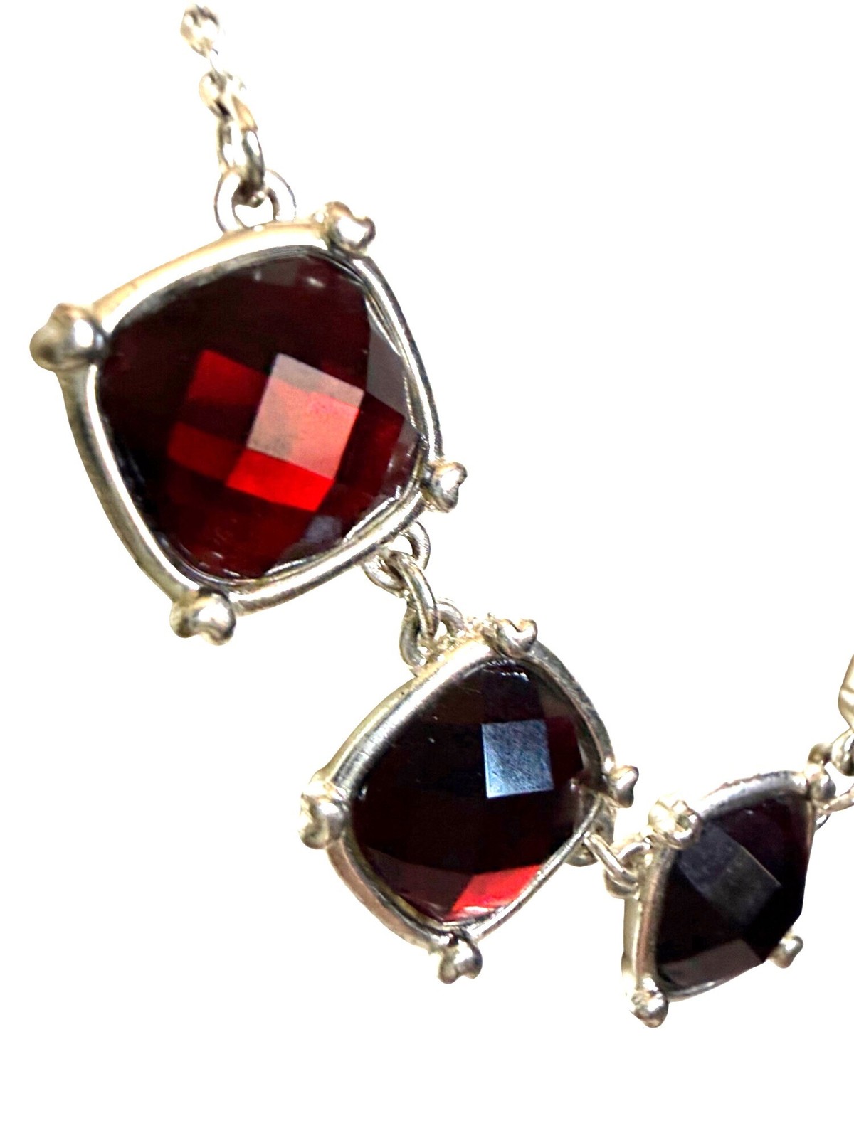 Vintage? Red Gemstone Silver Necklace With Square Faceted Stones