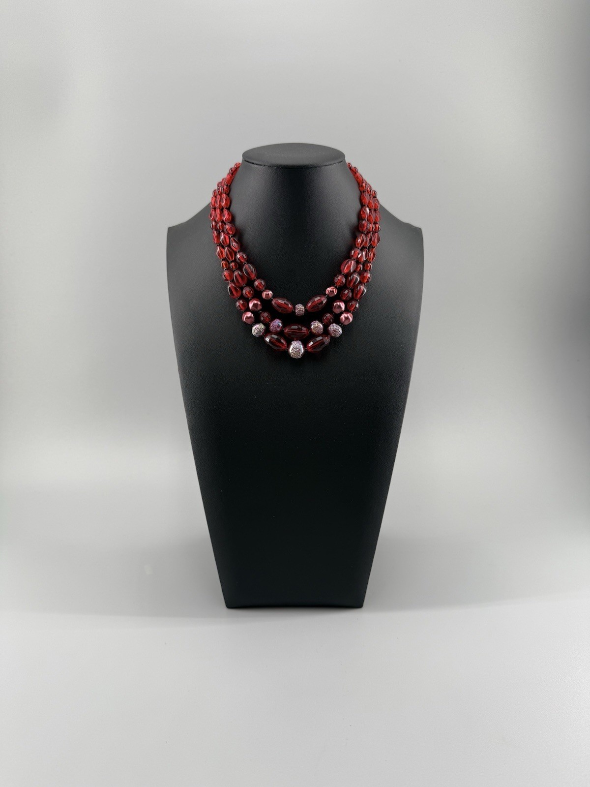 Vintage West Germany Ruby Red Glass Bead 3 Strand Necklace Art Glass Accent