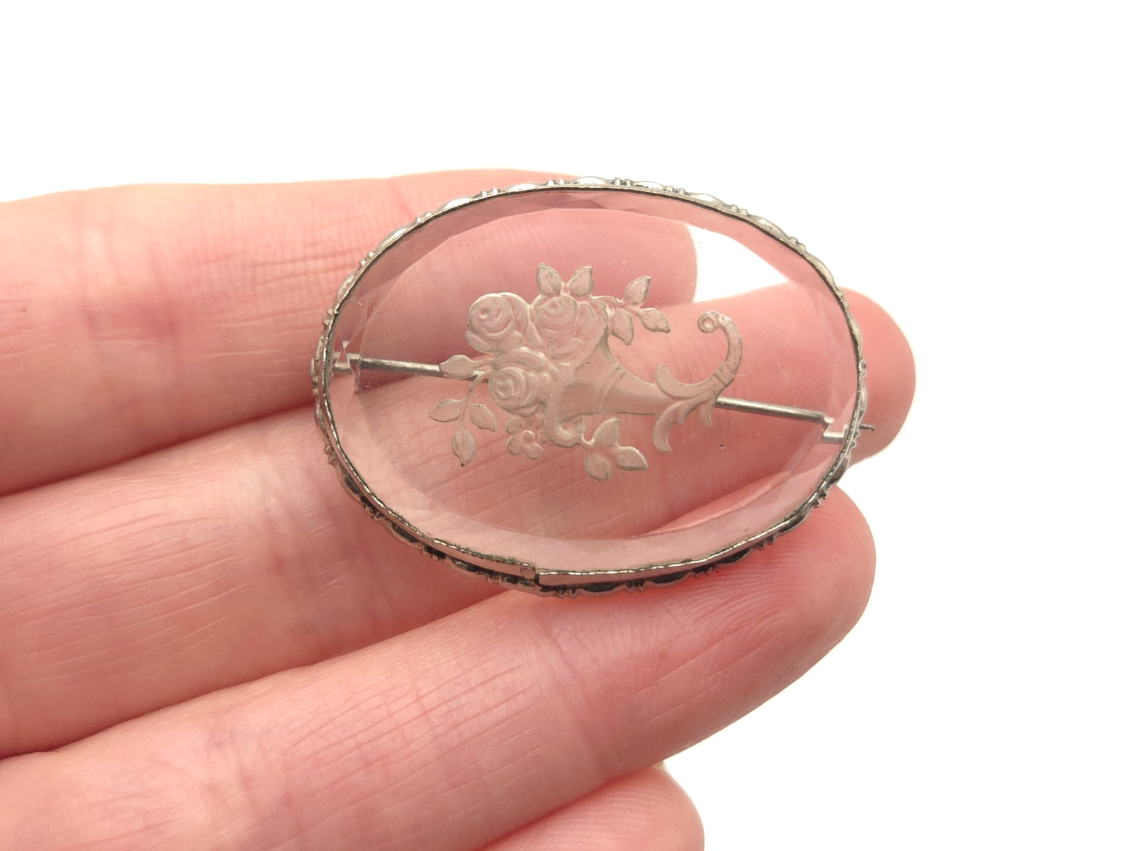 Vintage Reverse Carved Intaglio Glass Rose Flower Bouquet Basket Brooch Pin