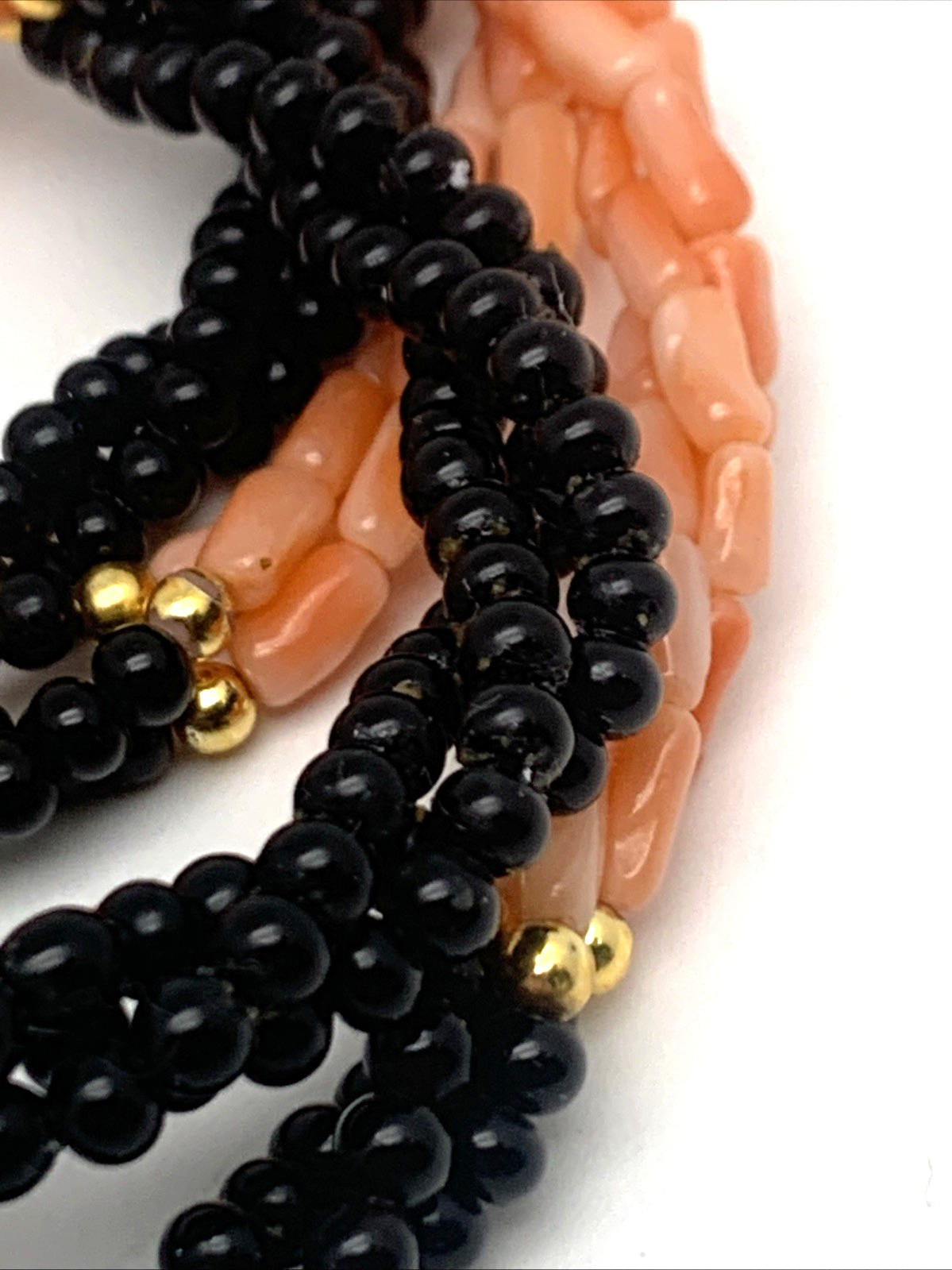 Vintage Twisted 3 Strand Coral & Onyx Beaded 30″ Necklace