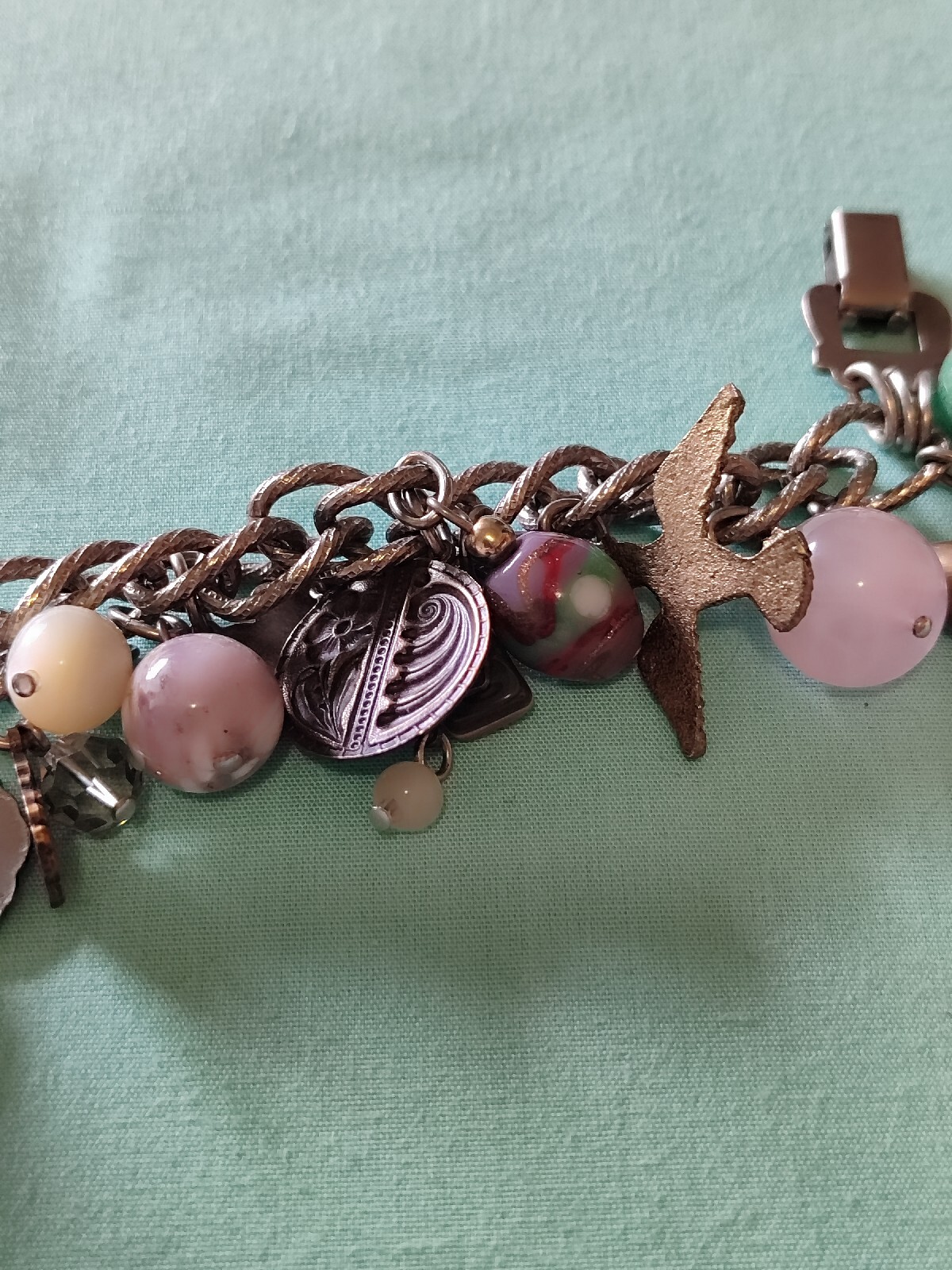 Vintage Loaded Dangle Charm Starter Bracelet Silver Plate Pewter Art Glass Stone