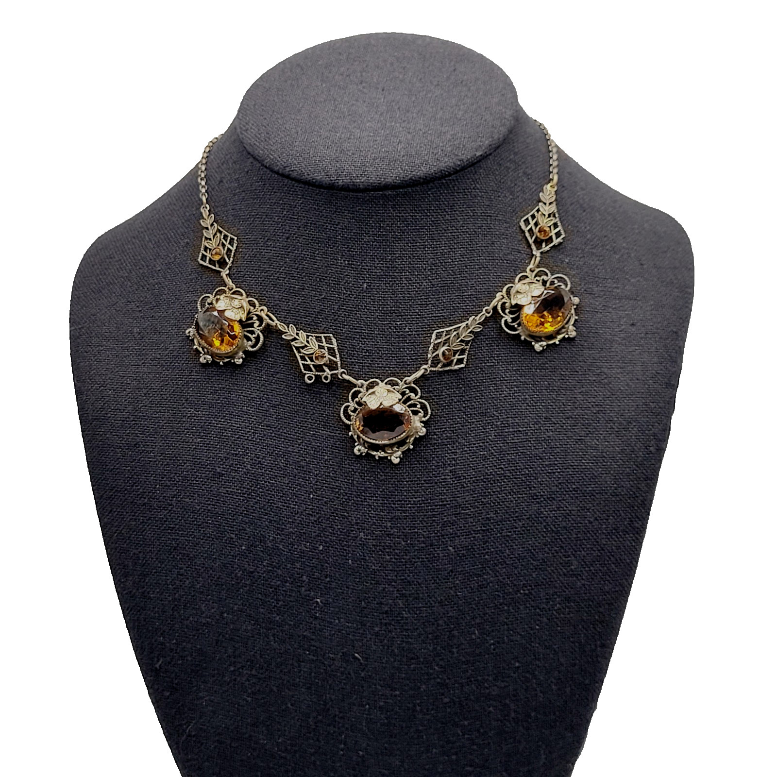 Czech Glass Art Nouveau Deco Flower Motif Brass Festoon Bib Amber Citrine 15 In