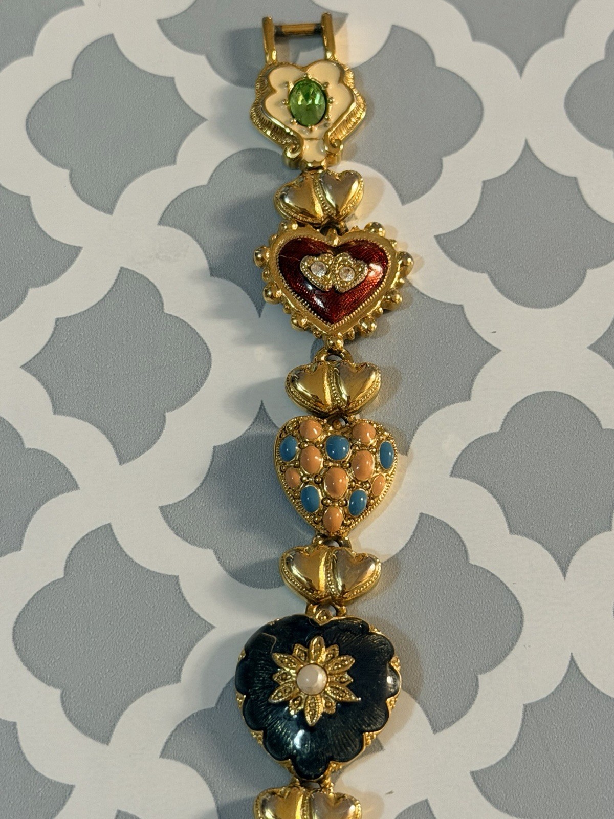 Vintage Joan Rivers Hearts & Flowers Bracelet Enamel Heart Charm Floral Signed