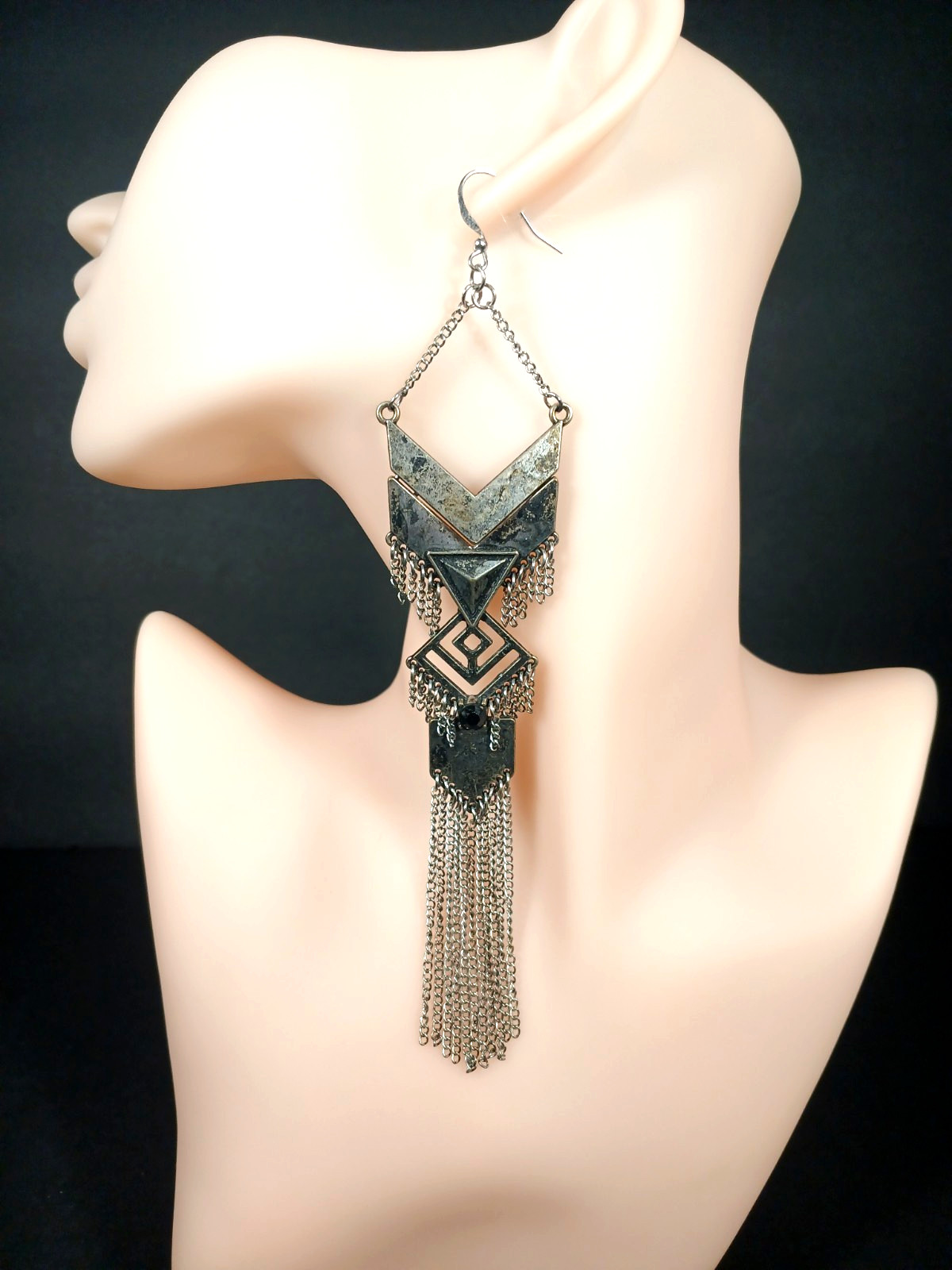 VTG Art Deco Inspired Long Dangle Earrings Pierced Oxidized Silver-Tone
