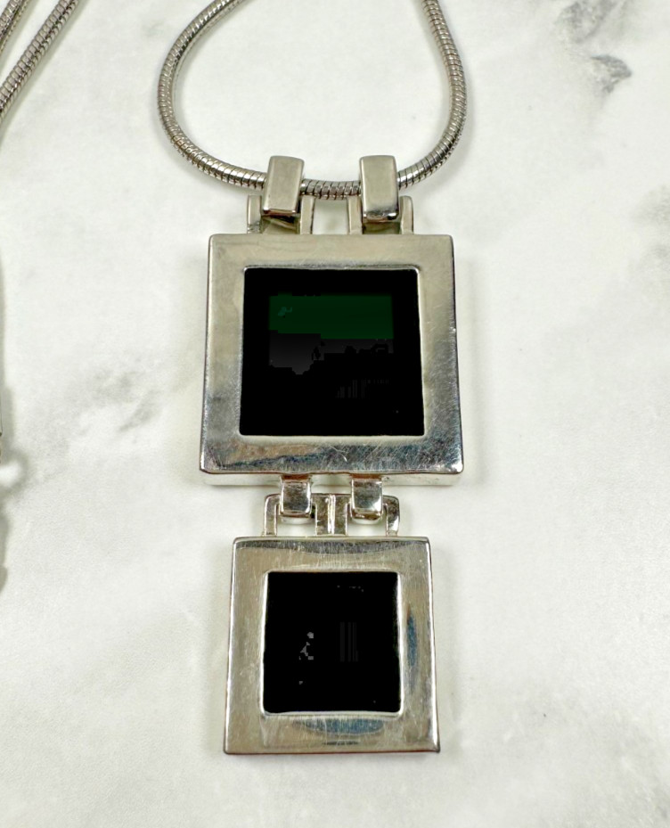 Modern Silver Tone Necklace with Square Black Double Pendants – 16″