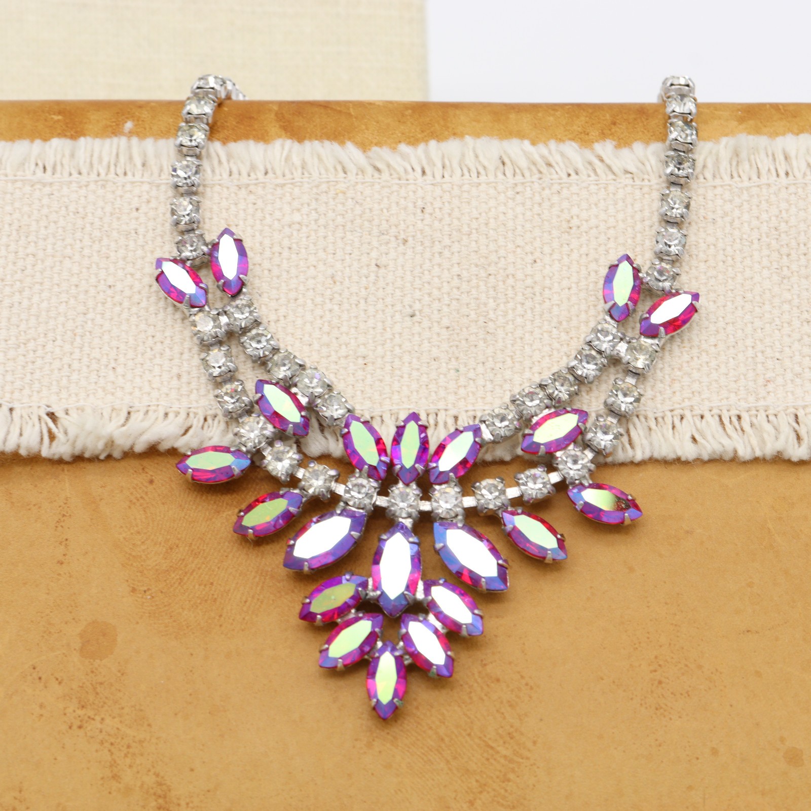 Vtg B. David Rhinestone Necklace Pink AB Red Clear Choker Signed Marquise