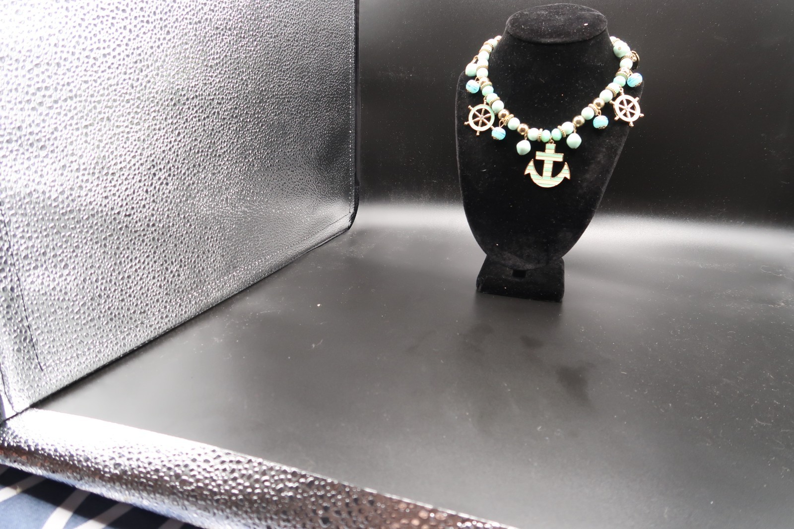 Vtg Nautical Beaded Charm Station Necklace Anchor Ship Wheel Teal & White Enamel