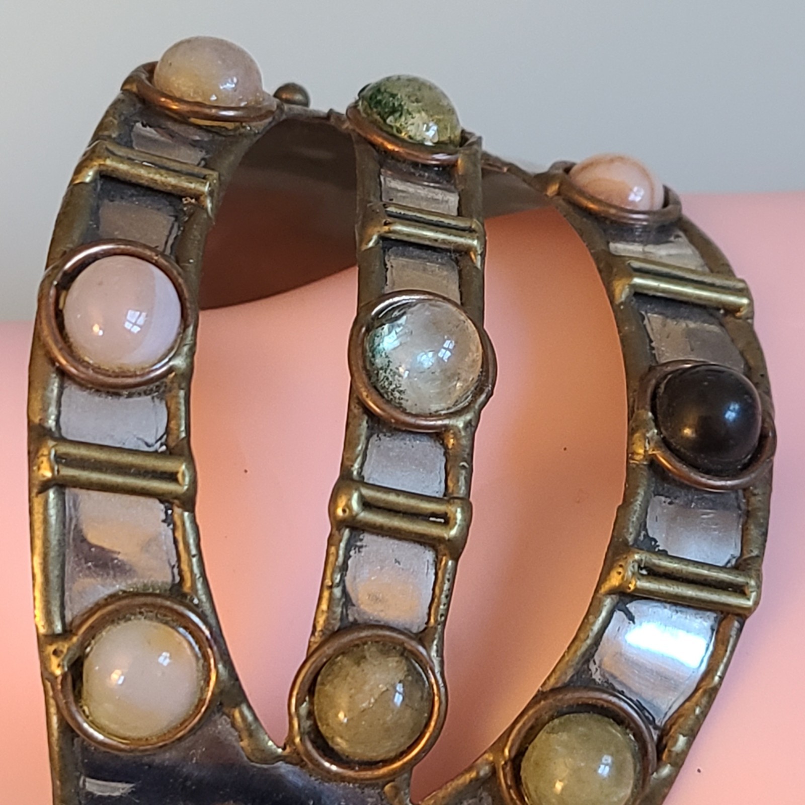 VTG Brutalist Mixed Metal Cuff Bracelet 2″ Wide Artisan Multi-Gem Statement