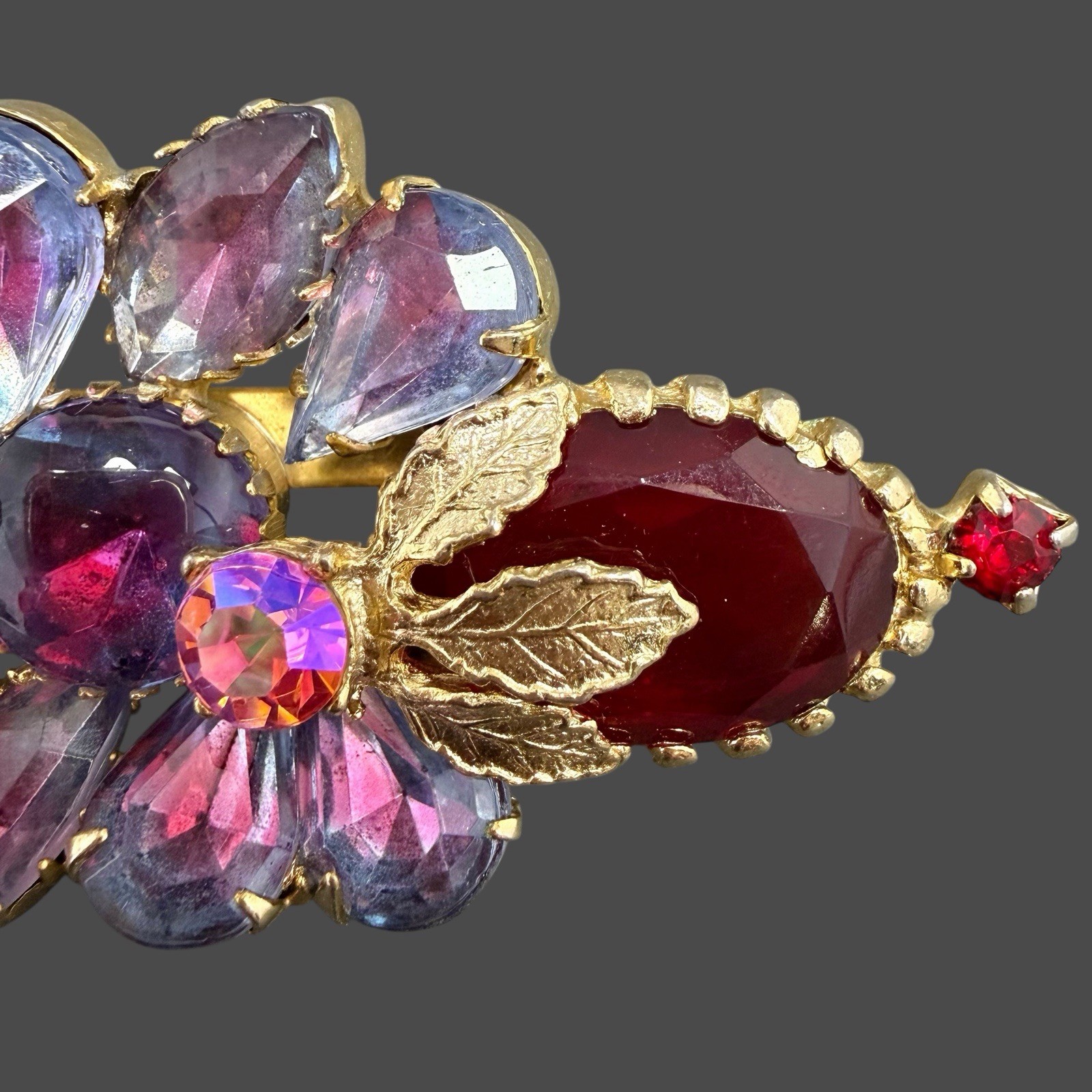 Vintage Gold Tone Red Cab Purple Pink Rhinestone Floral Linear Bar Brooch