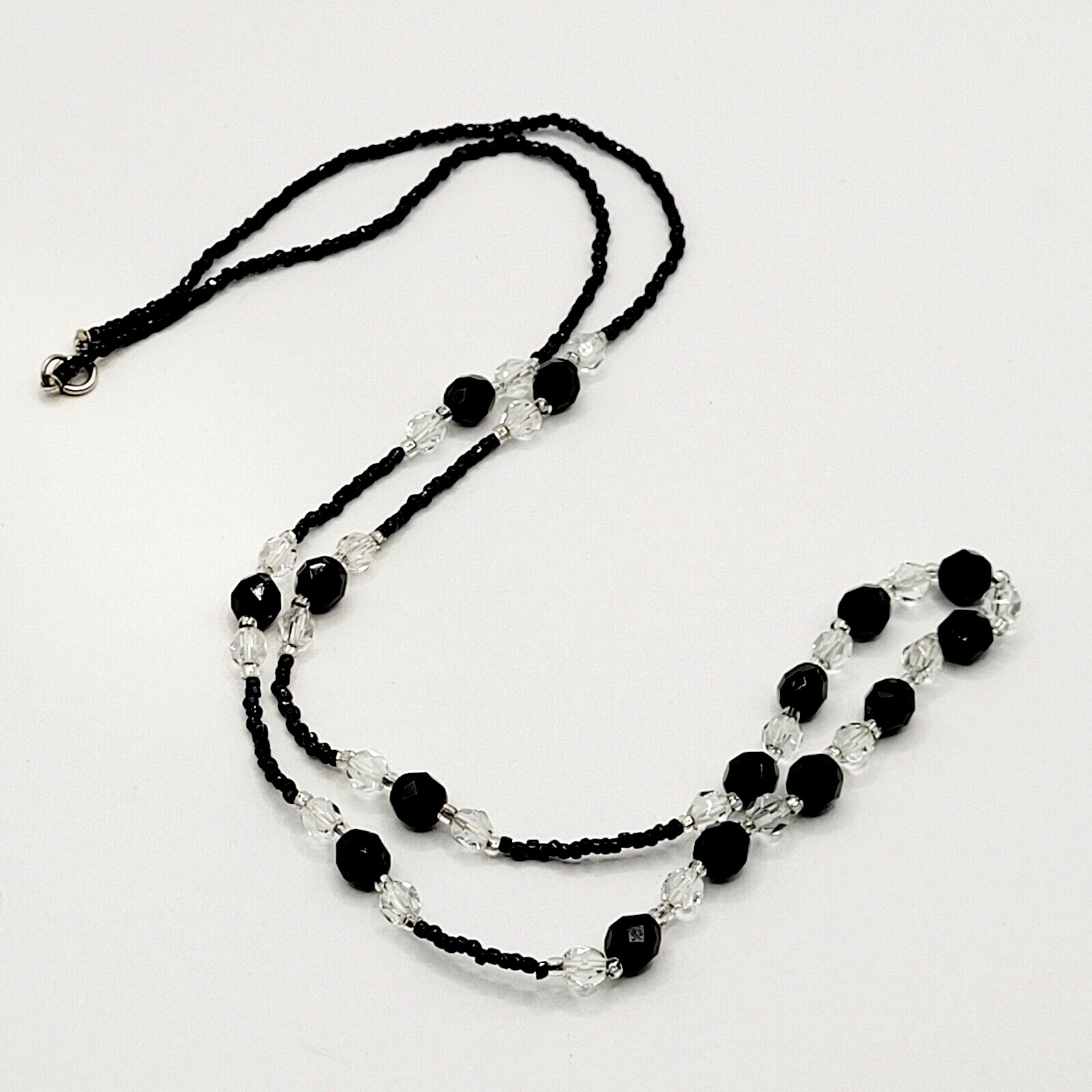 Modern Art Deco Black Clear Cut Crystal Bead Silver Tone Vintage Necklace 31 in