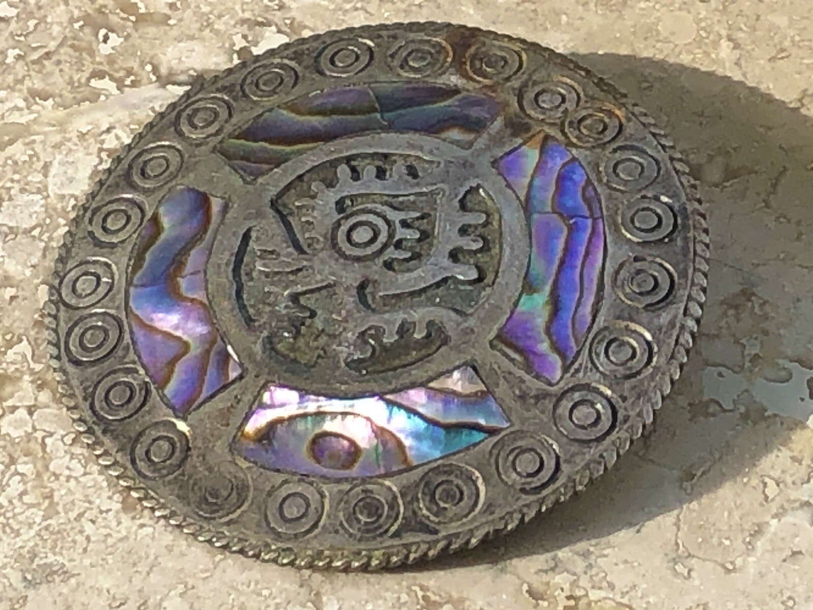 🌈 ✨VTG TAXCO Mexico 925 Sterling Silver TRB RAINBOW ABALONE Aztec Sun Pendant