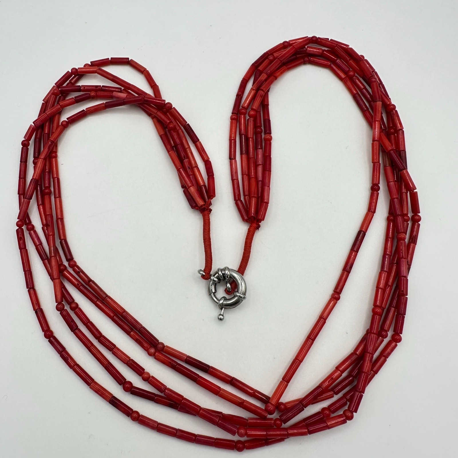 Vintage handmade 5 multi strand genuine red coral branch beads beaded necklace