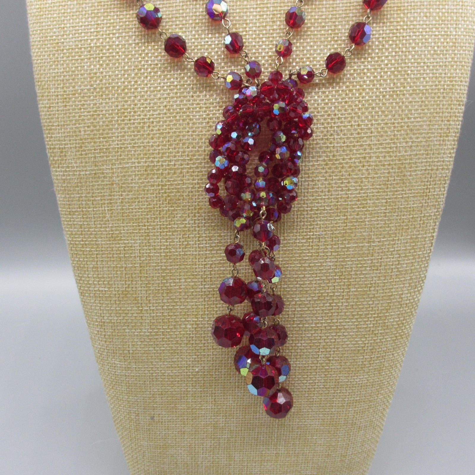 Bergere Necklace Glass AB Bead Red Festoon Tassel Rhinestone ONE MISSING RS 20″