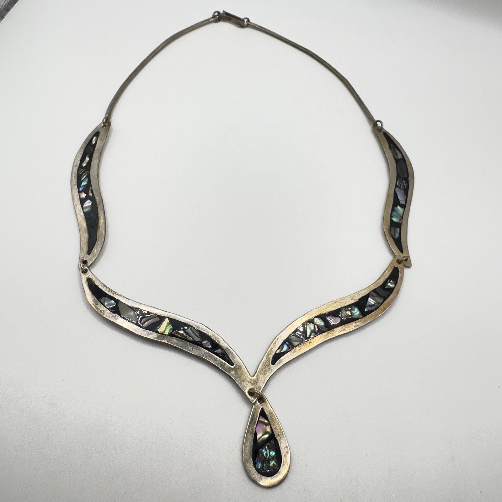 Vintage Mexican Alpaca Abalone Inlay Necklace 17″ Panel Link Drop Pendant