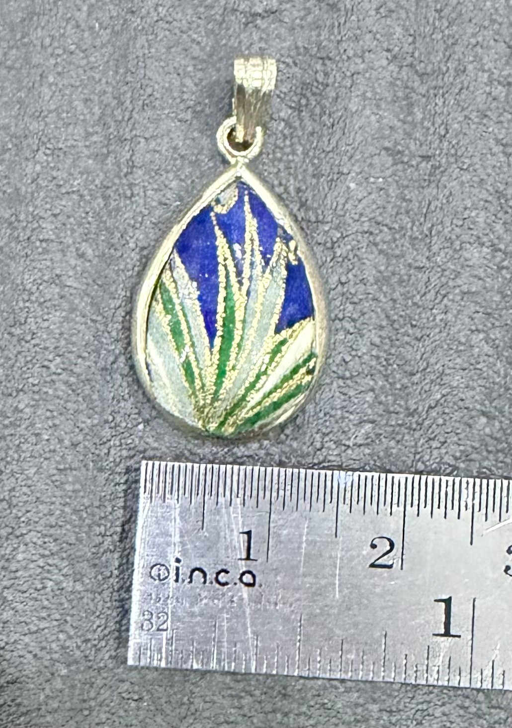 Vintage Enamel Floral Teardrop Pendant Blue Green White Silver Tone Necklace Cha