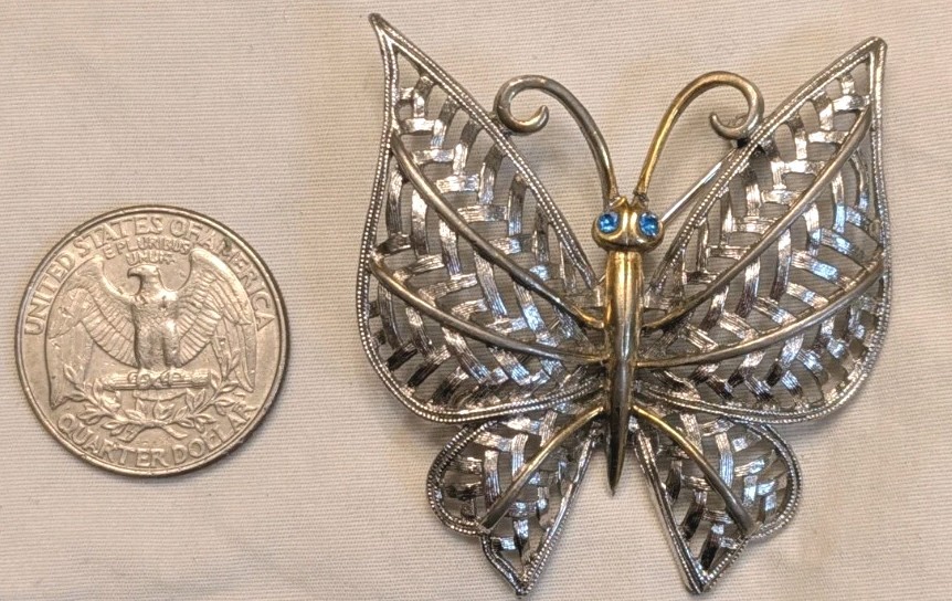 Avon Butterfly Brooch Vintage Blue Rhinestone Eyes Silvertone & Goldtone Pin