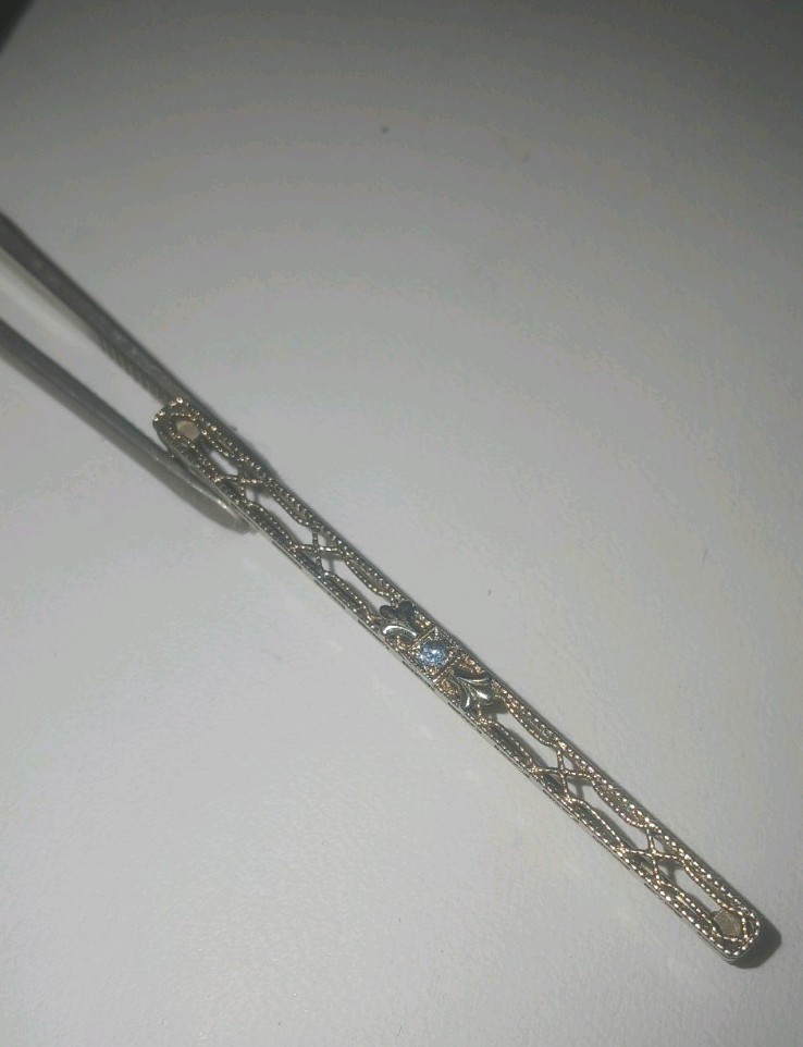 Antique 14kt White Gold and Small Sapphire Bar Pin with Safety Clasp