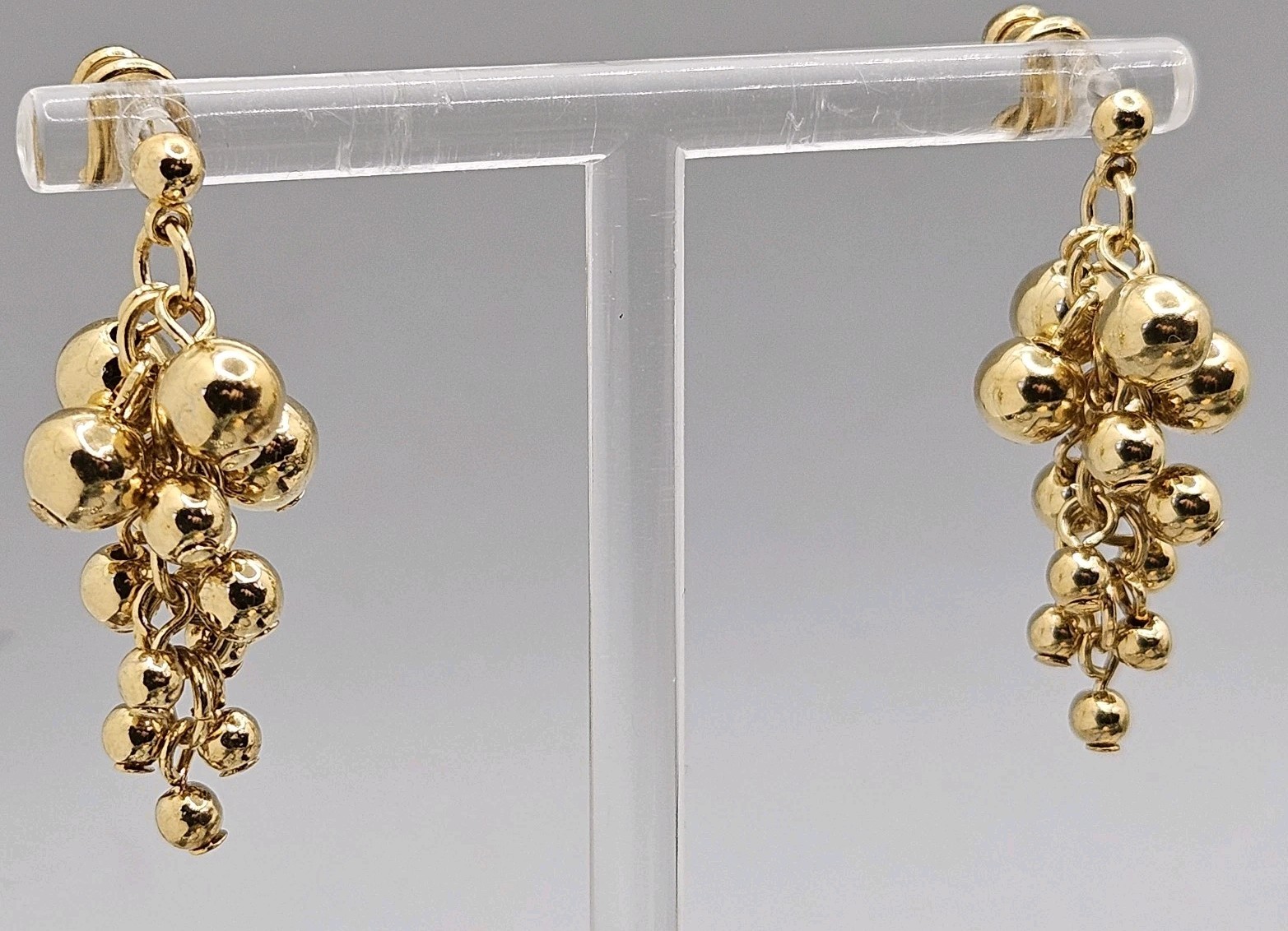 Vintage Gold Tone Ball Beaded Earrings Grape Clusters Dangle Pierced Post Shiny