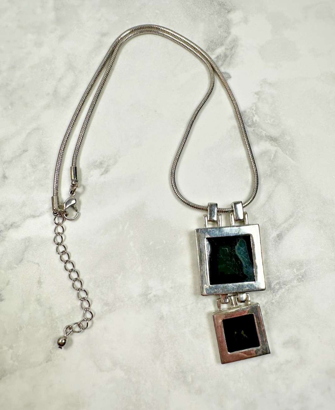 Modern Silver Tone Necklace with Square Black Double Pendants – 16″