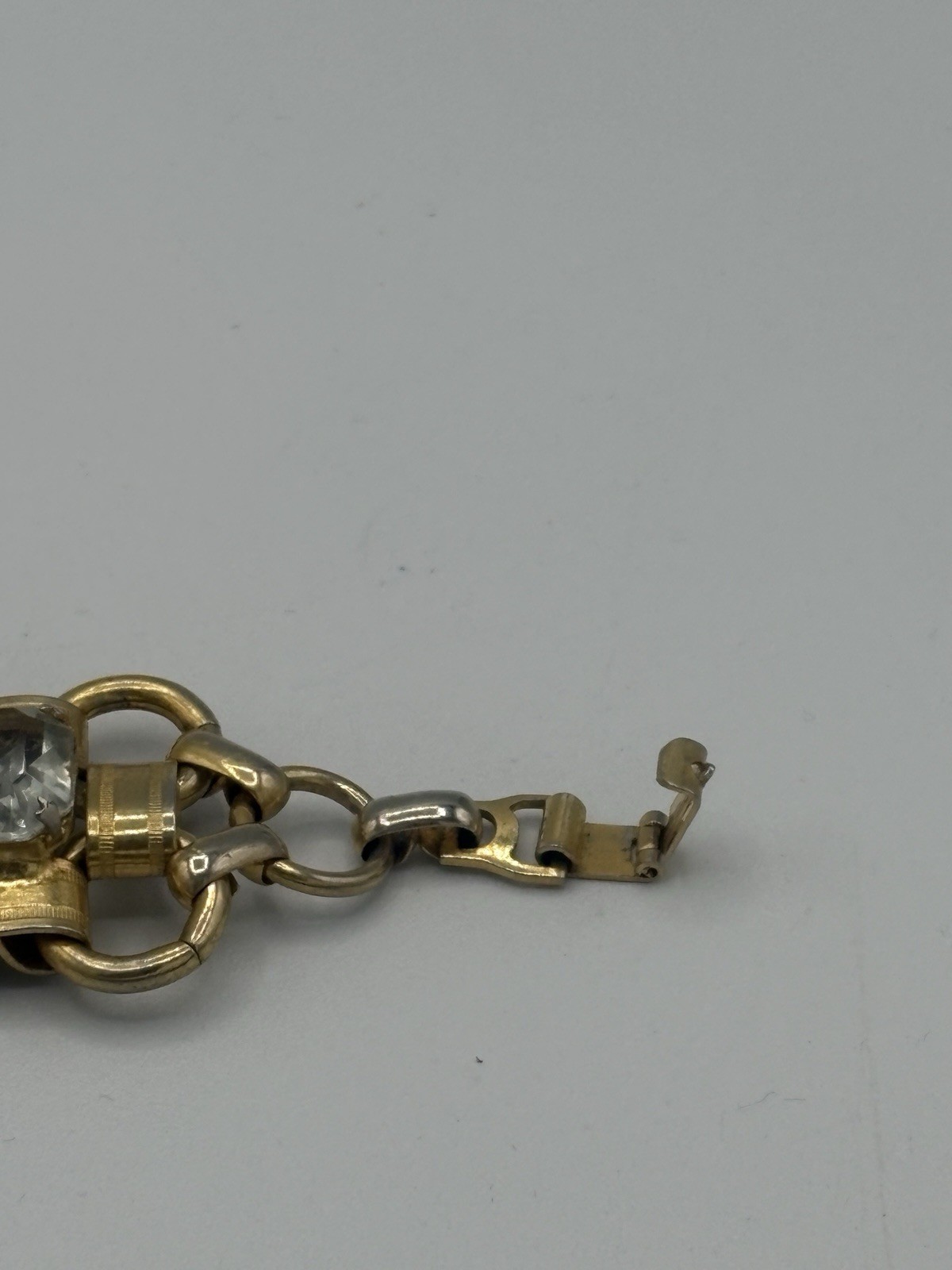 Vtg Two Tone Panel Link Bracelet Emerald Cut Clear Rhinestone Crystal 7.25″ 1510