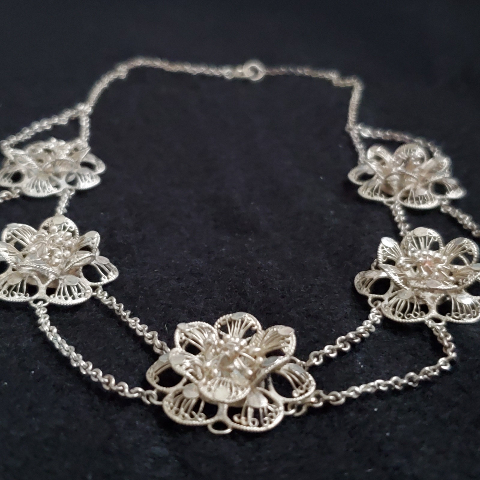Sterling Silver Cannetille Filigree Necklace Floral Station Swag Choker 15″