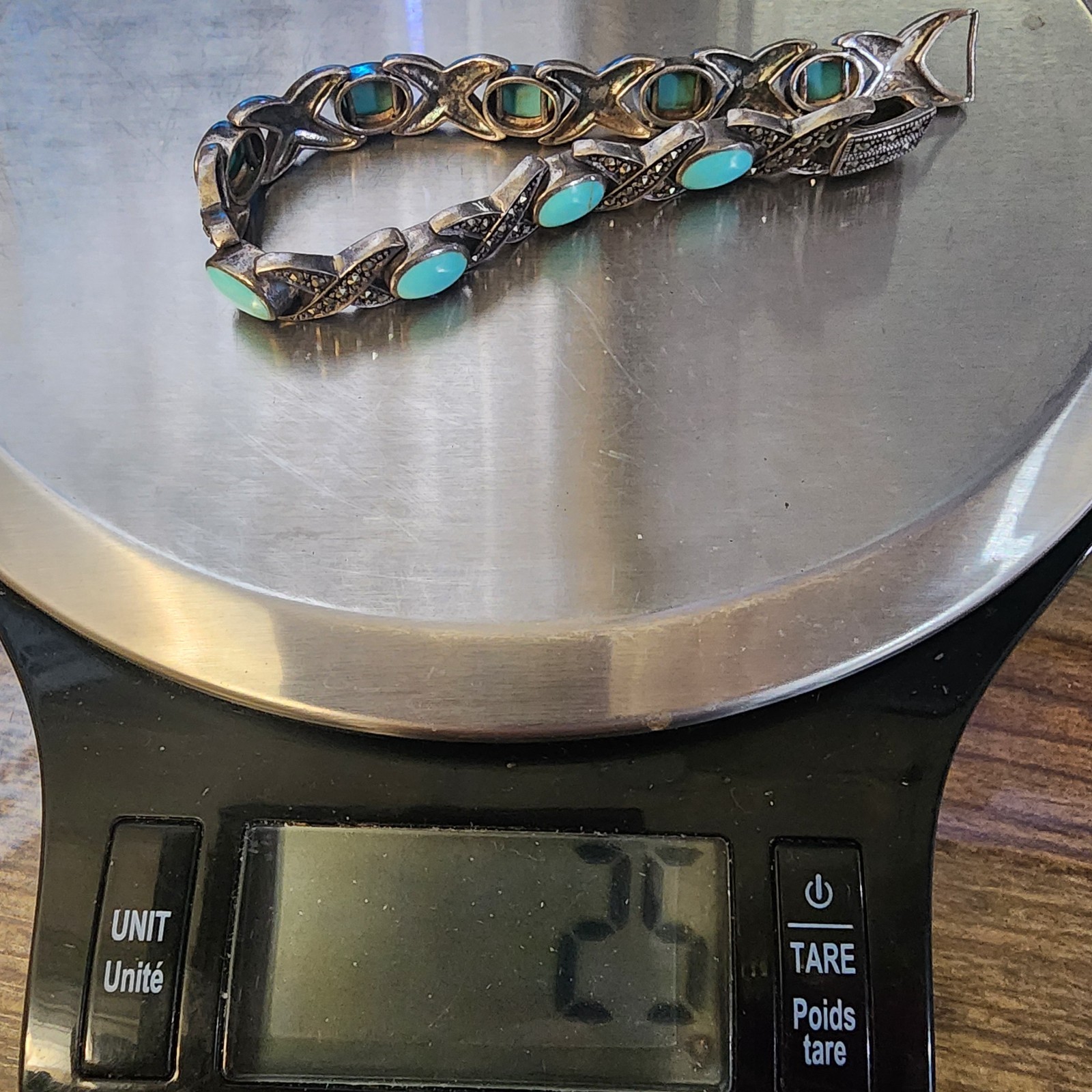 VTG FAS 925 Sterling Silver Marcasite Turquoise XO Link Bracelet 7.25in GUC