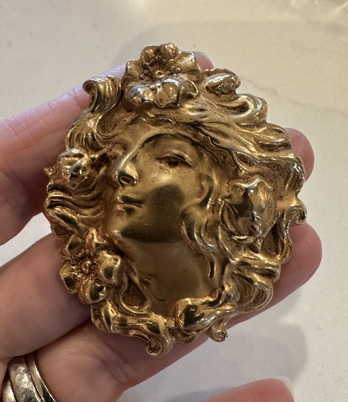 Vntg Art Nouveau/Jugendstil/Brass Woman’s Head Face/Poppy Flower Hair-Brooch/Pin