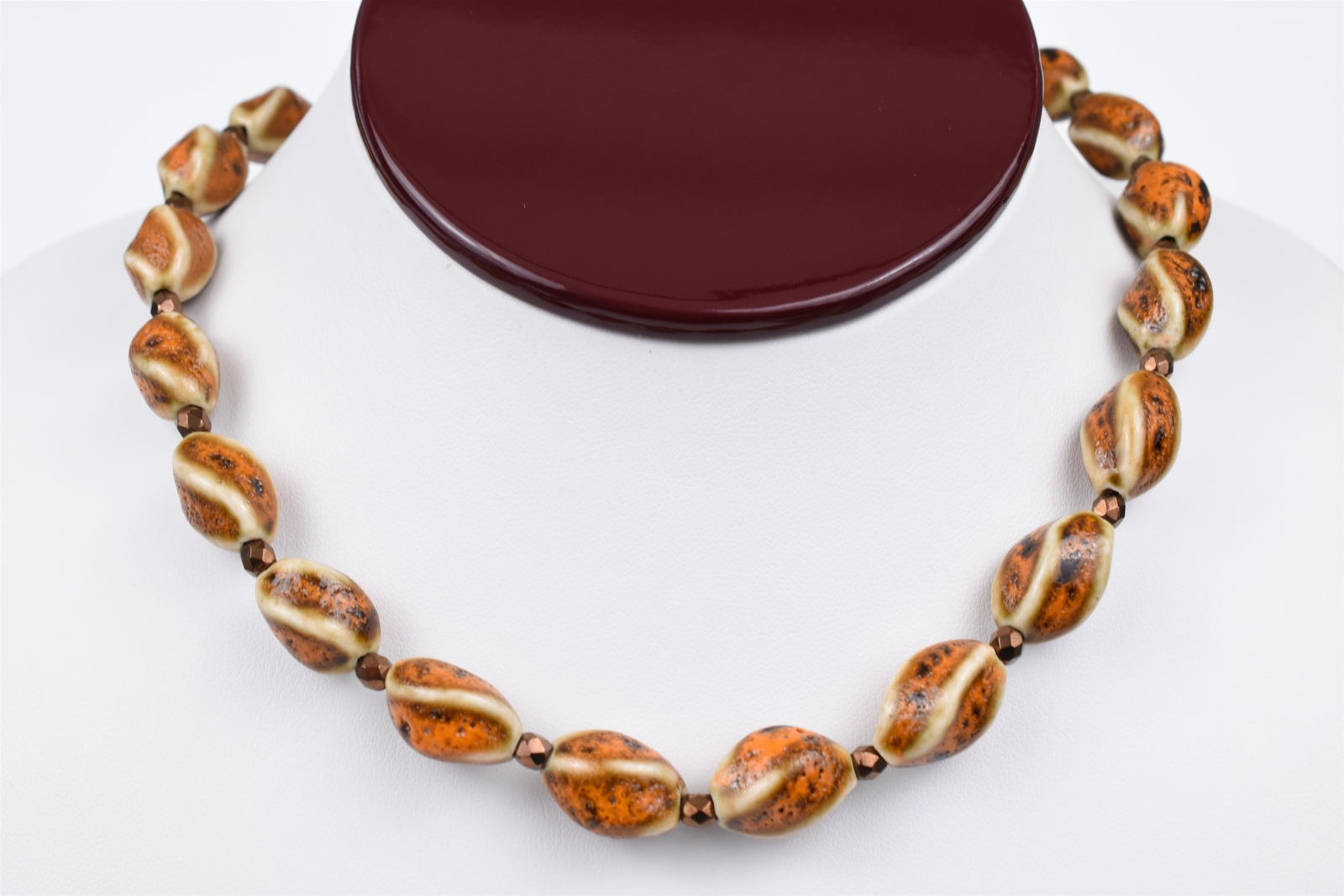 Gold Plated 21″ Cream Brown Orange Twist Ceramic Necklace w/ Bronze Spacers