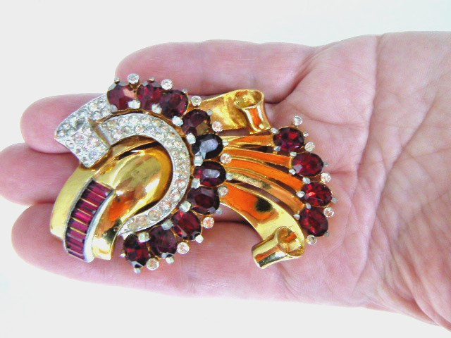 Vintage Large Coro Fur Dress Clip Foiled Ruby Rhinestone Gold Plate Brooch 1920’