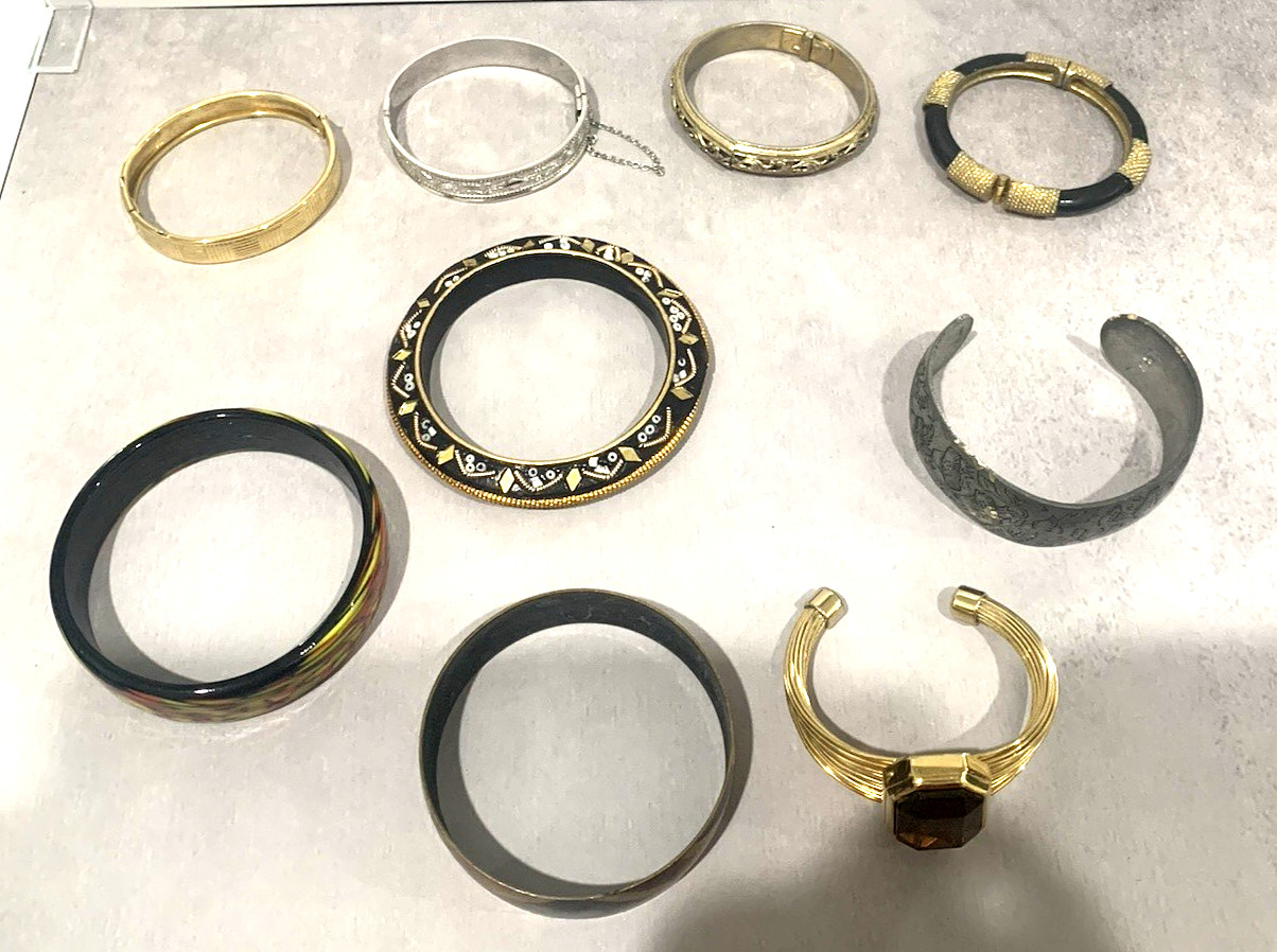 Lot of 9 1980’s Costume Bangle Cuff & Hinged Bracelets India Leonard Pewter +