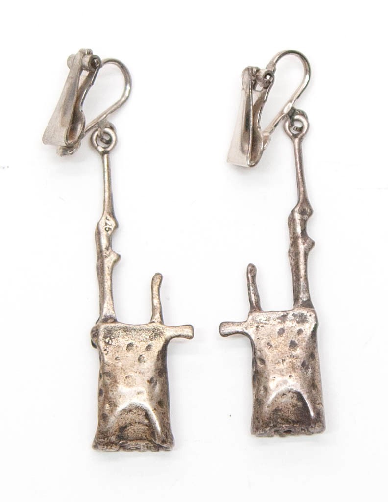 Antique Sterling Silver Coal Miner Wheelbarrow Artisan Clip-On Earrings