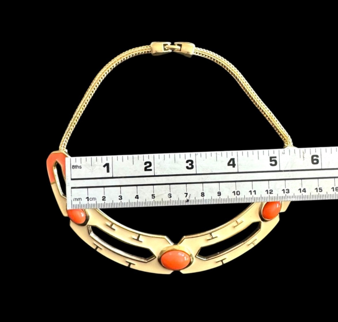 Vtg Collar Choker Necklace Orange Cabochon Gold Cream Enamel Chunky Statement