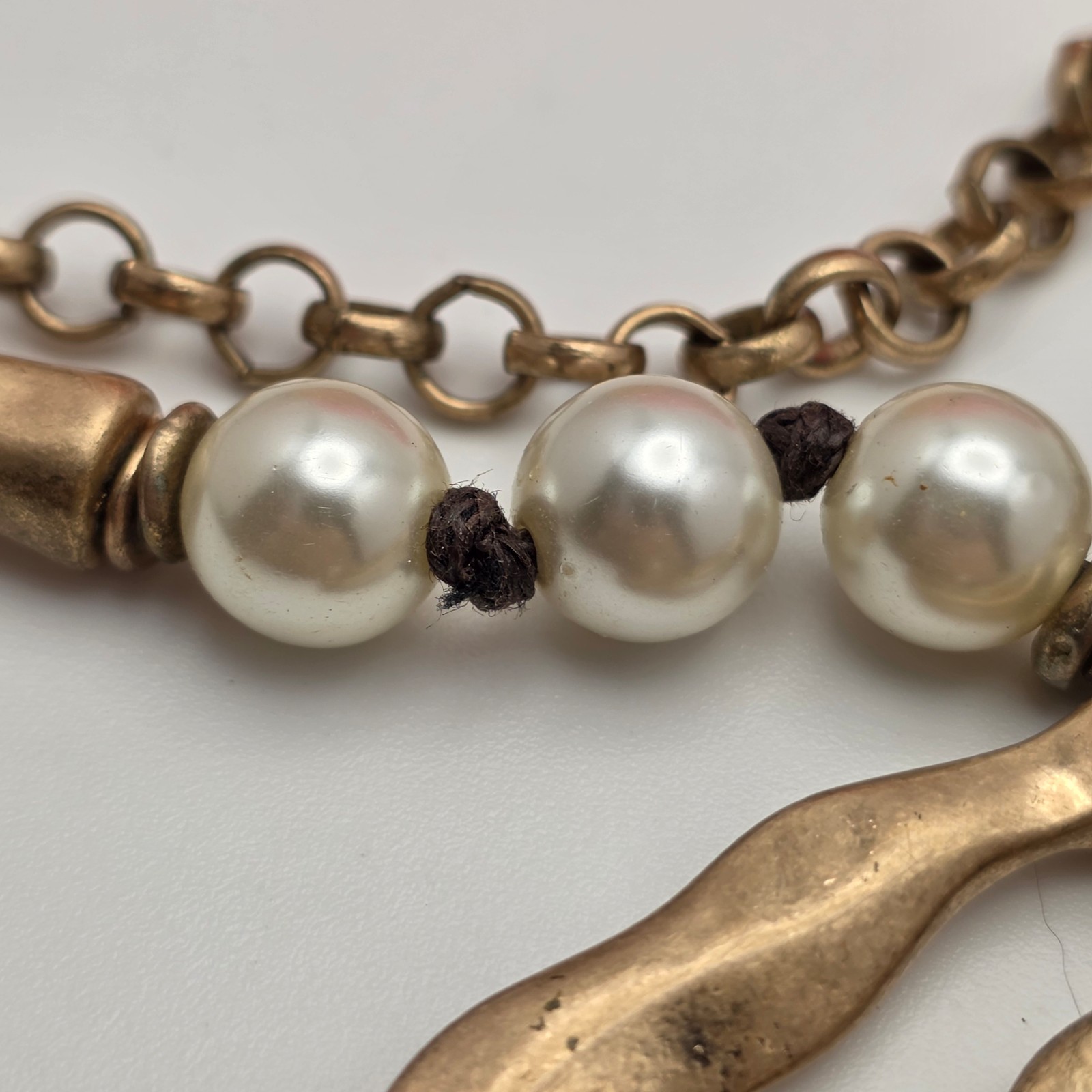Vintage Hammered Pendant Necklace Faux Pearl Black Wood Bead Artisan Boho 35 In