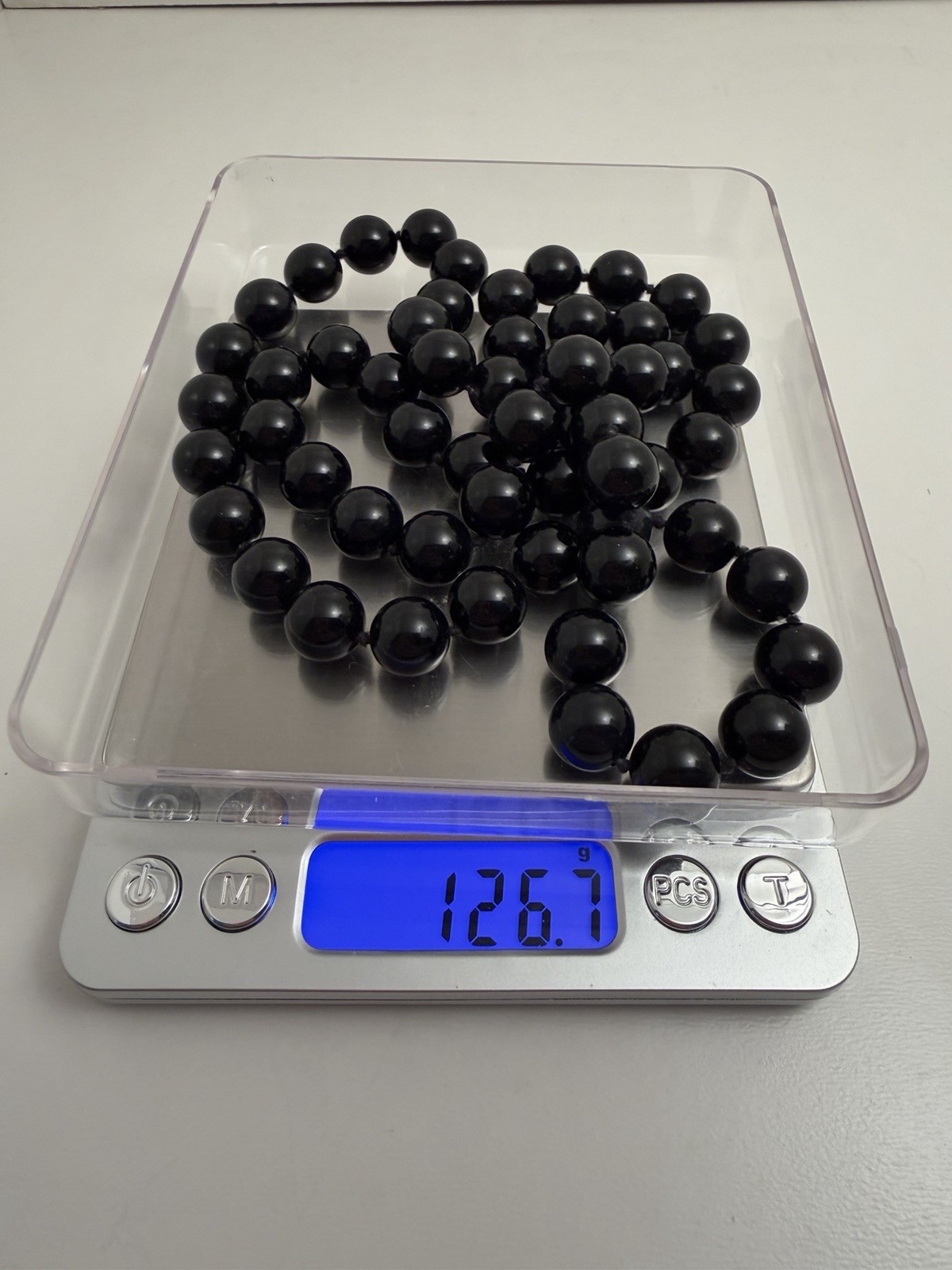 Vintage Round Polished Black Glass 1cm Beads 28” Necklace Hand-Knotted 126.7g