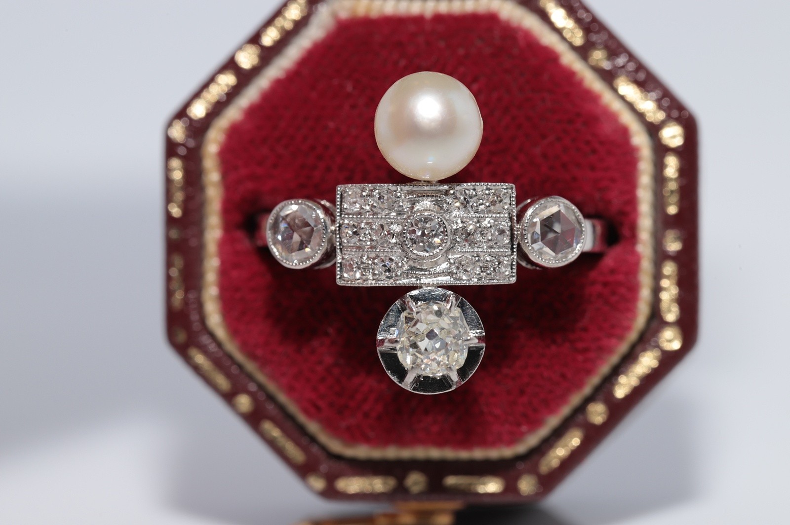 Antique Circa 1920s Platinum Art Deco Natural Diamond And Pearl Decorated Ring