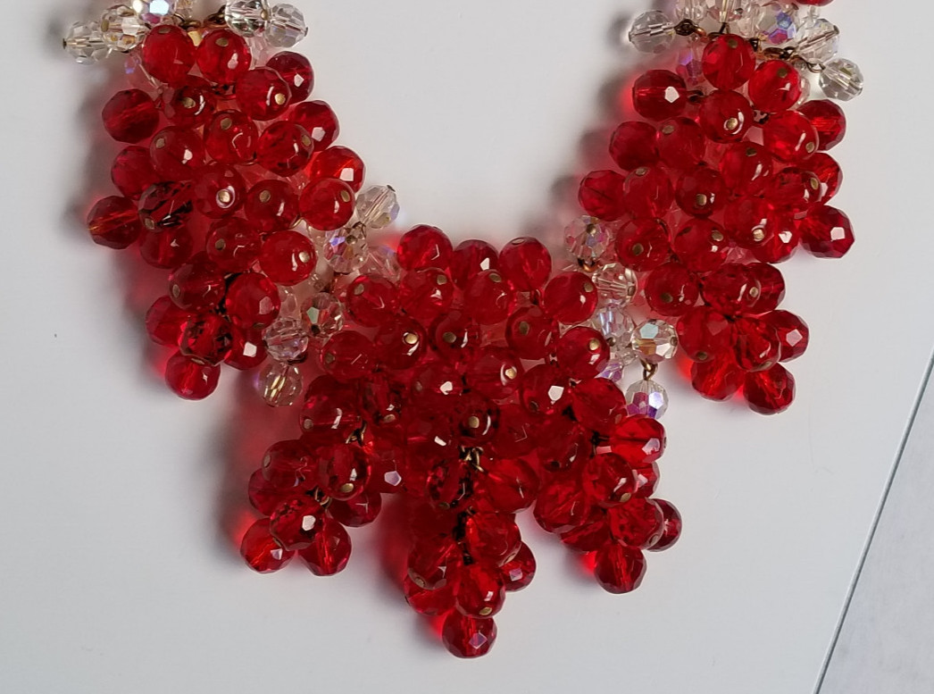 Vintage Signed France AB Bead & Red Glass Cluster Bead Necklace