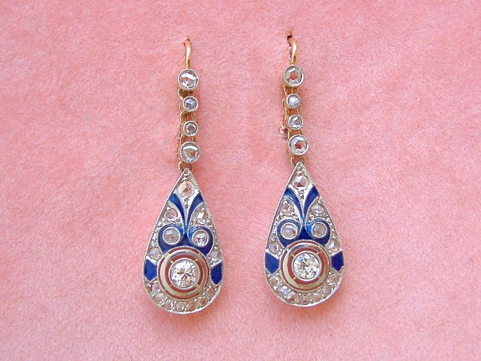 ART DECO 1.04 ctw EURO & ROSE DIAMOND BLUE ENAMEL 18K PLATINUM EARRINGS 1920