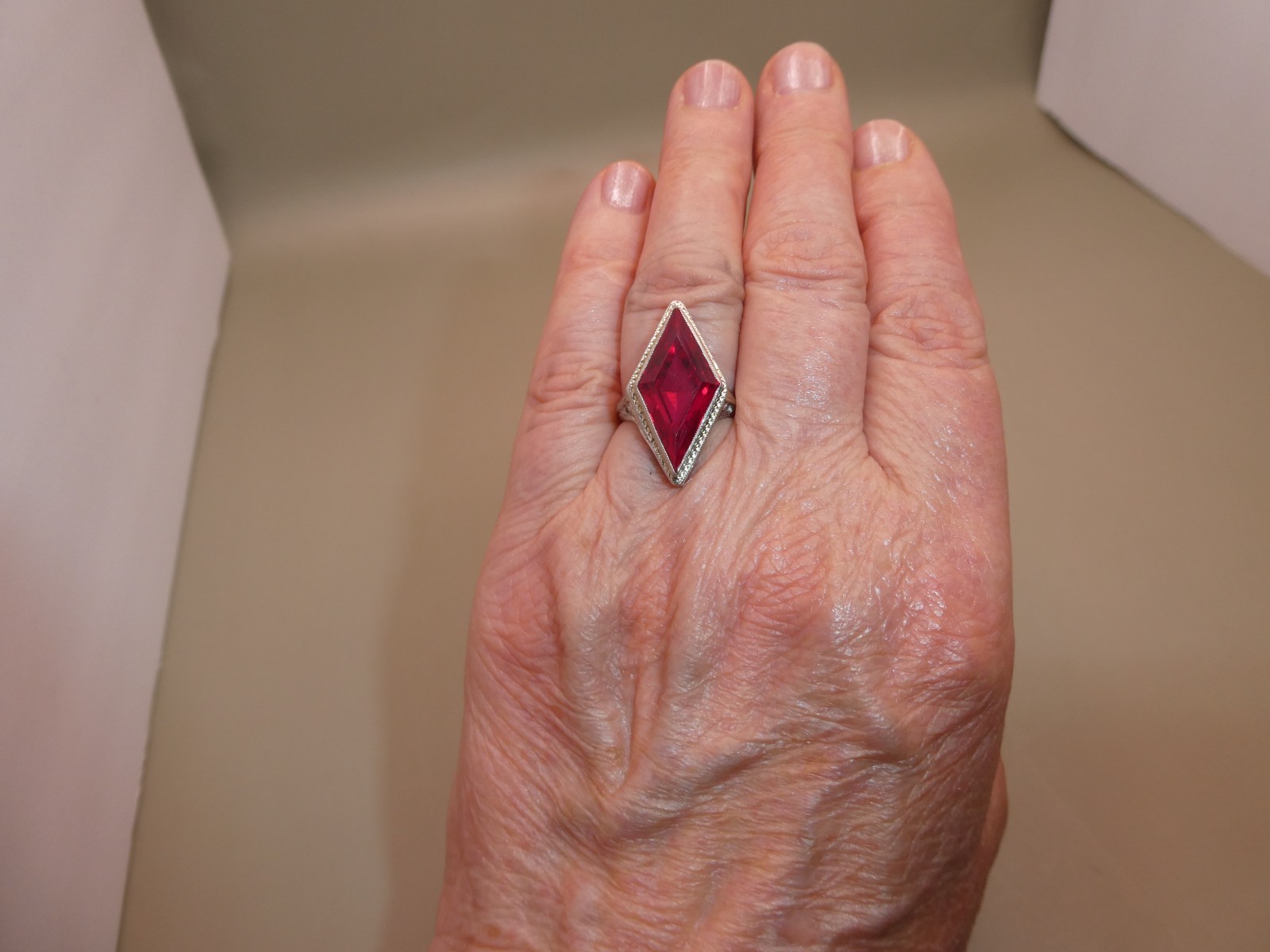 Antique Lozenge Shape of Period Syn. Ruby 18k Filigree Ring Size 5.5. 5.8g L59