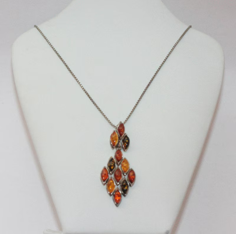 Vintage Amber Pendant Necklace Sterling Silver Setting 3 Colors Diamond Shaped