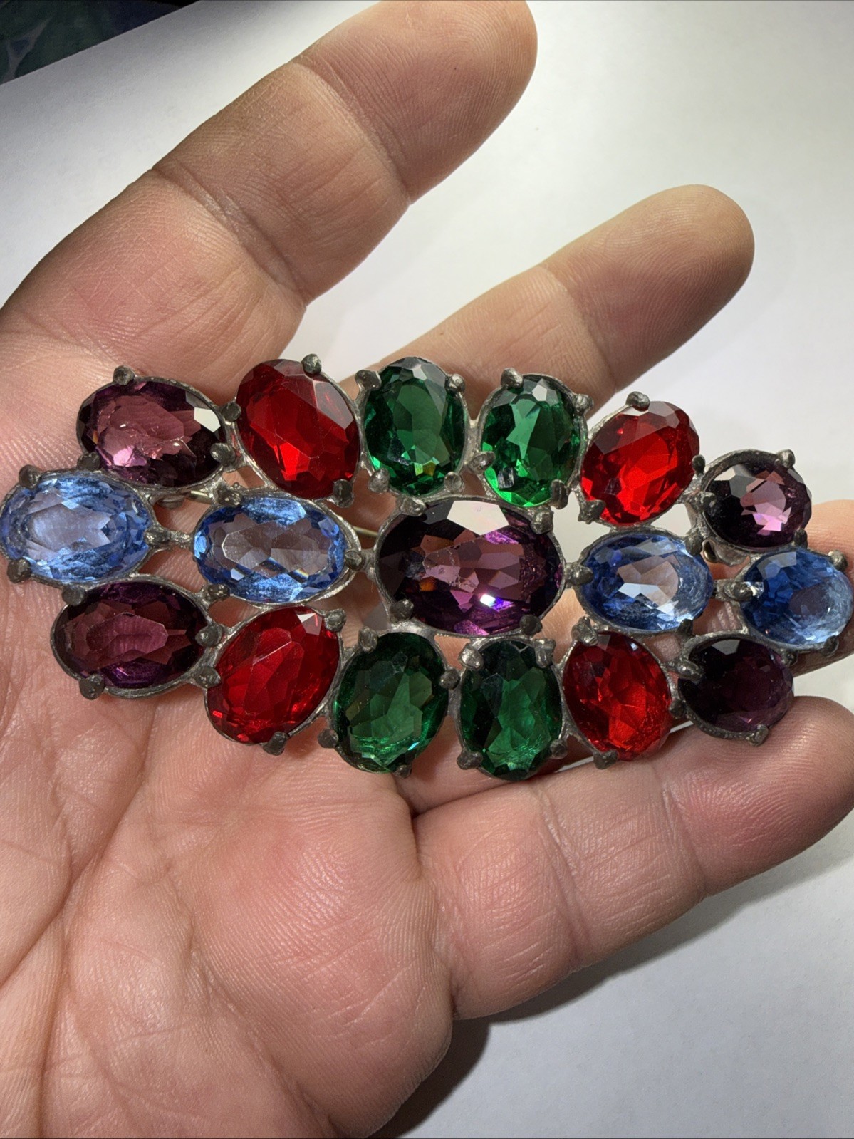 Pin Brooch Czech Art Deco Fruit salad Pot Metal 3.5” Open Back Stones Antique