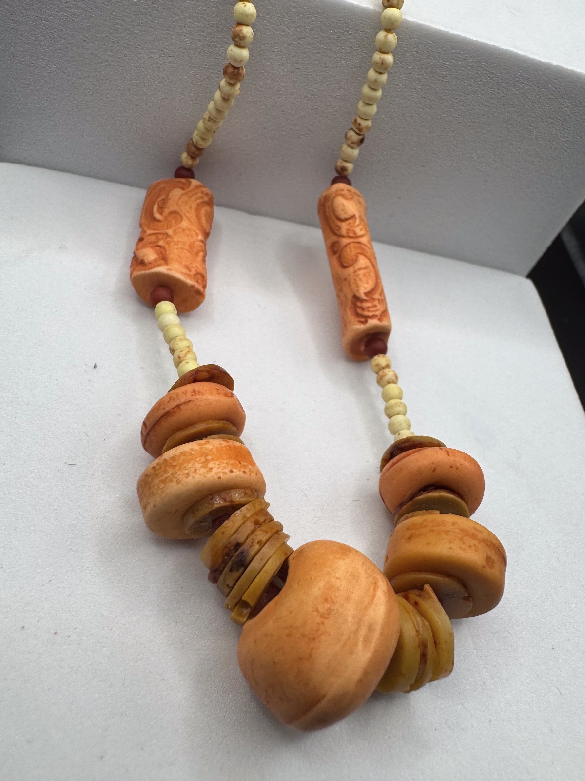 Vintage Boho Carved Clay Terracotta Bead Necklace Tribal Ethnic Earthy Statement