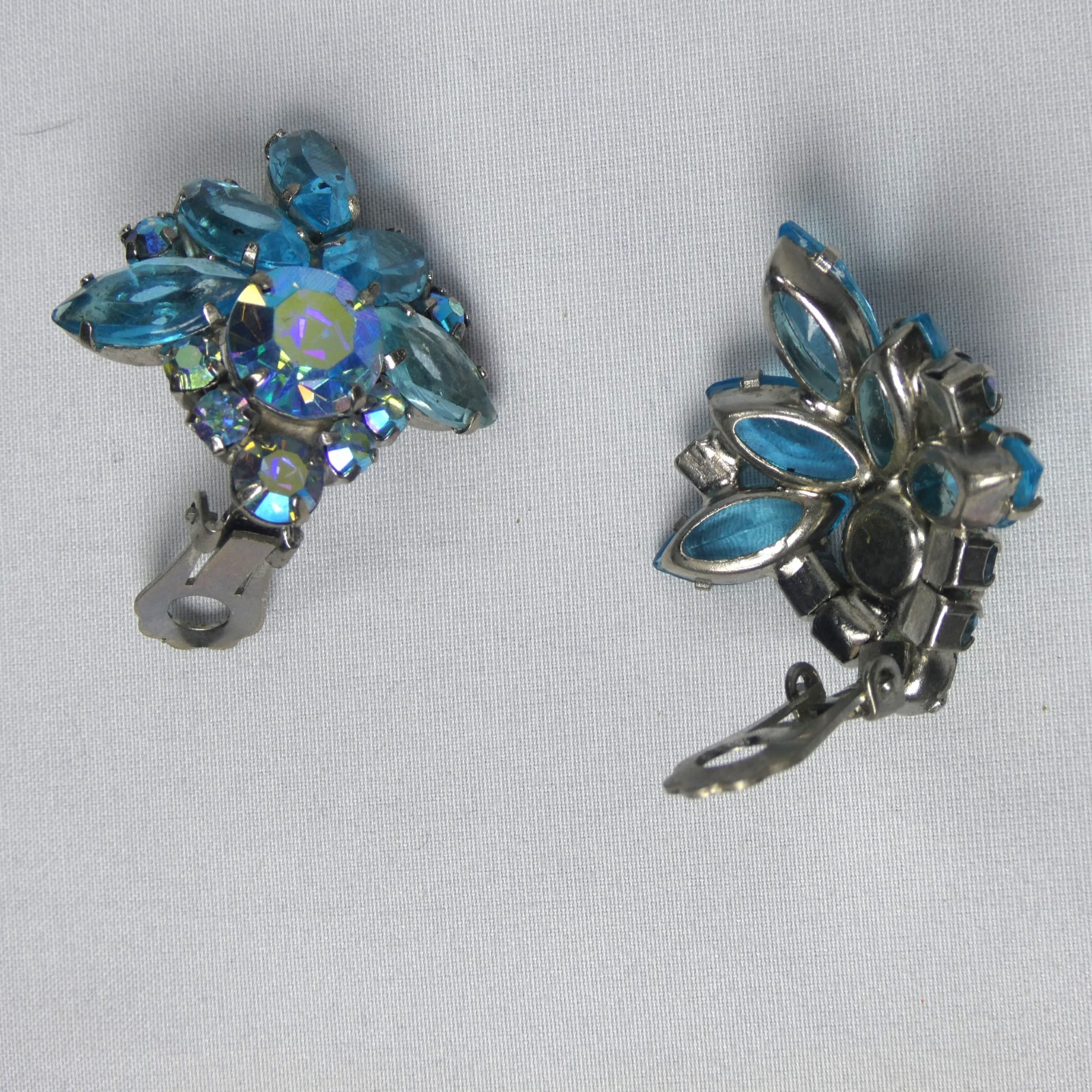 Borealis & Blue Crystal Silver Tone Setting Ear Clips Canada circa 1950s Costume