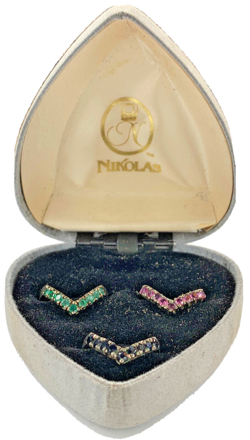 VTG Nikolas Sterling 925 Emerald Ruby Sapphire Chevron V Stackable Rings SZ 6