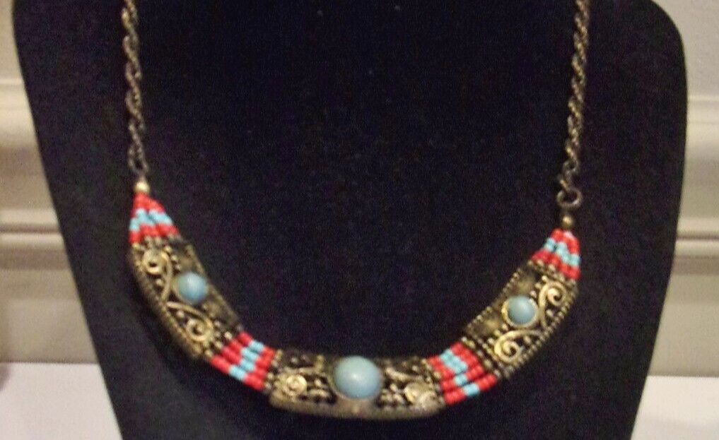 Vtg 90’s Egyptian Revival Inspired Blue Howlite & Glass Beed Collar Necklace