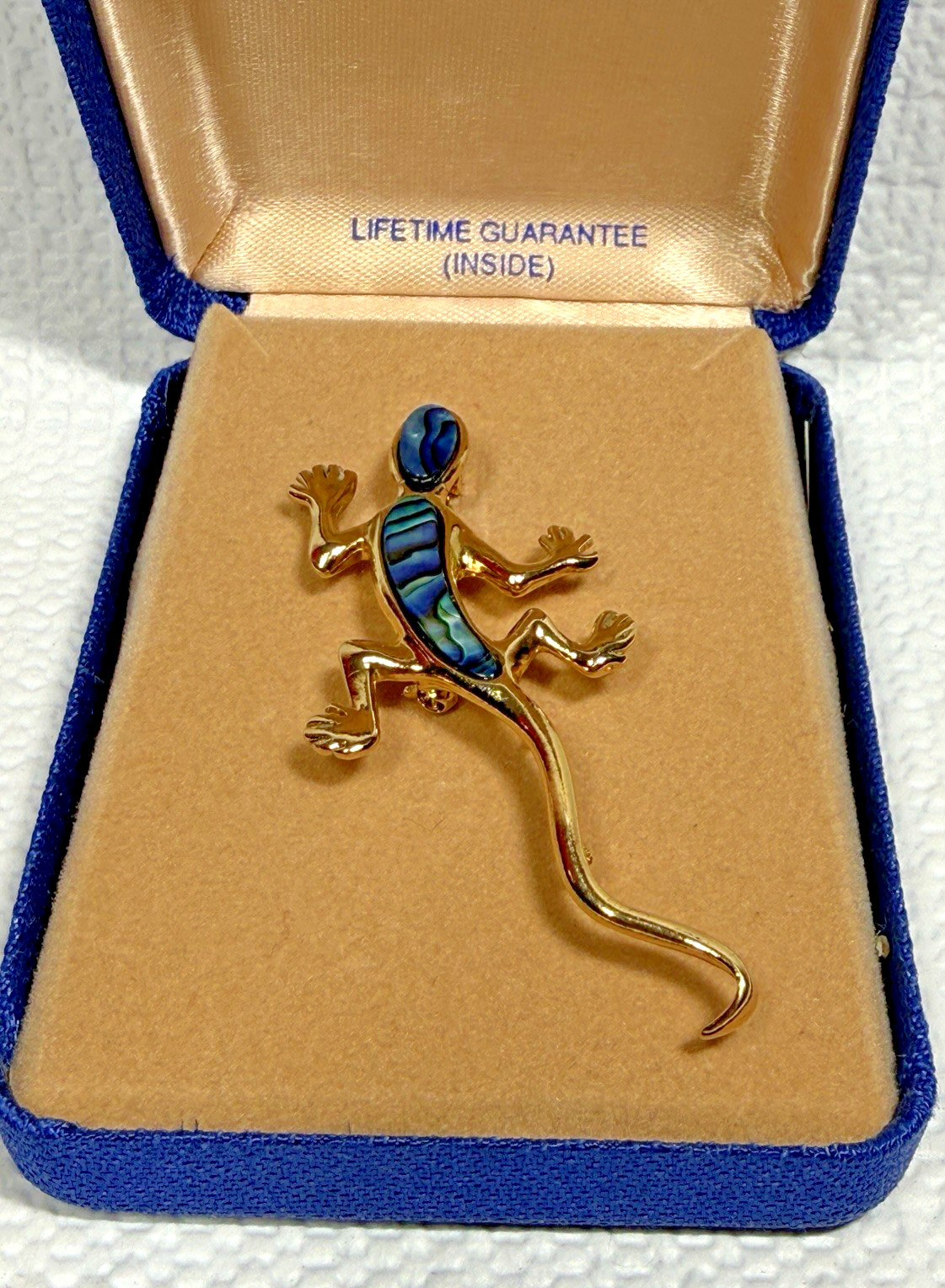 Vintage Sea Opal GECKO Pin ANZAC Paua Shell Brooch Jewelry NIB Gold Plated